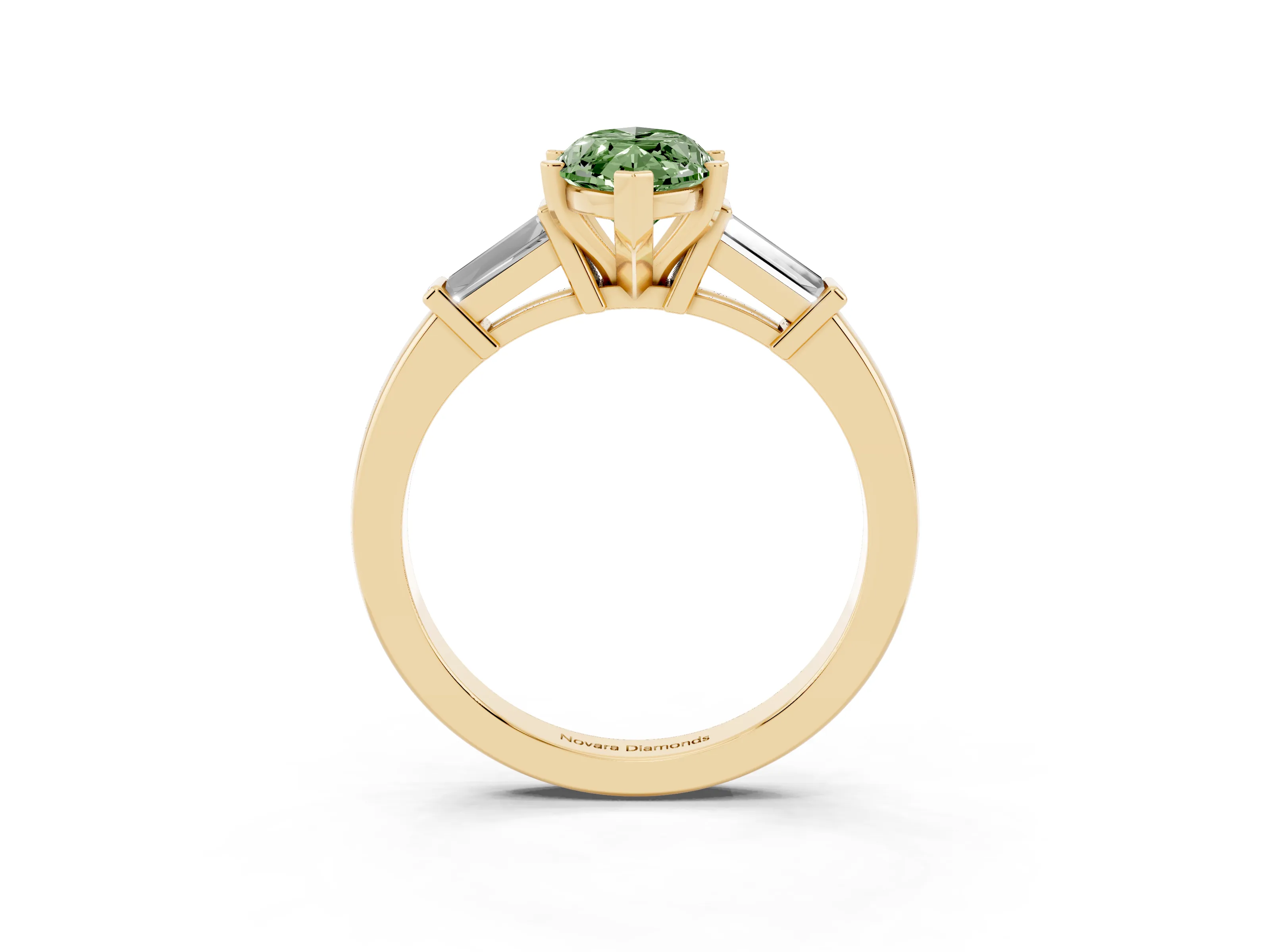 Fancy Green Marquise Cut Diamond Solitaire Ring Set in Yellow gold with Tapered Baguette Accents and Prong Setting