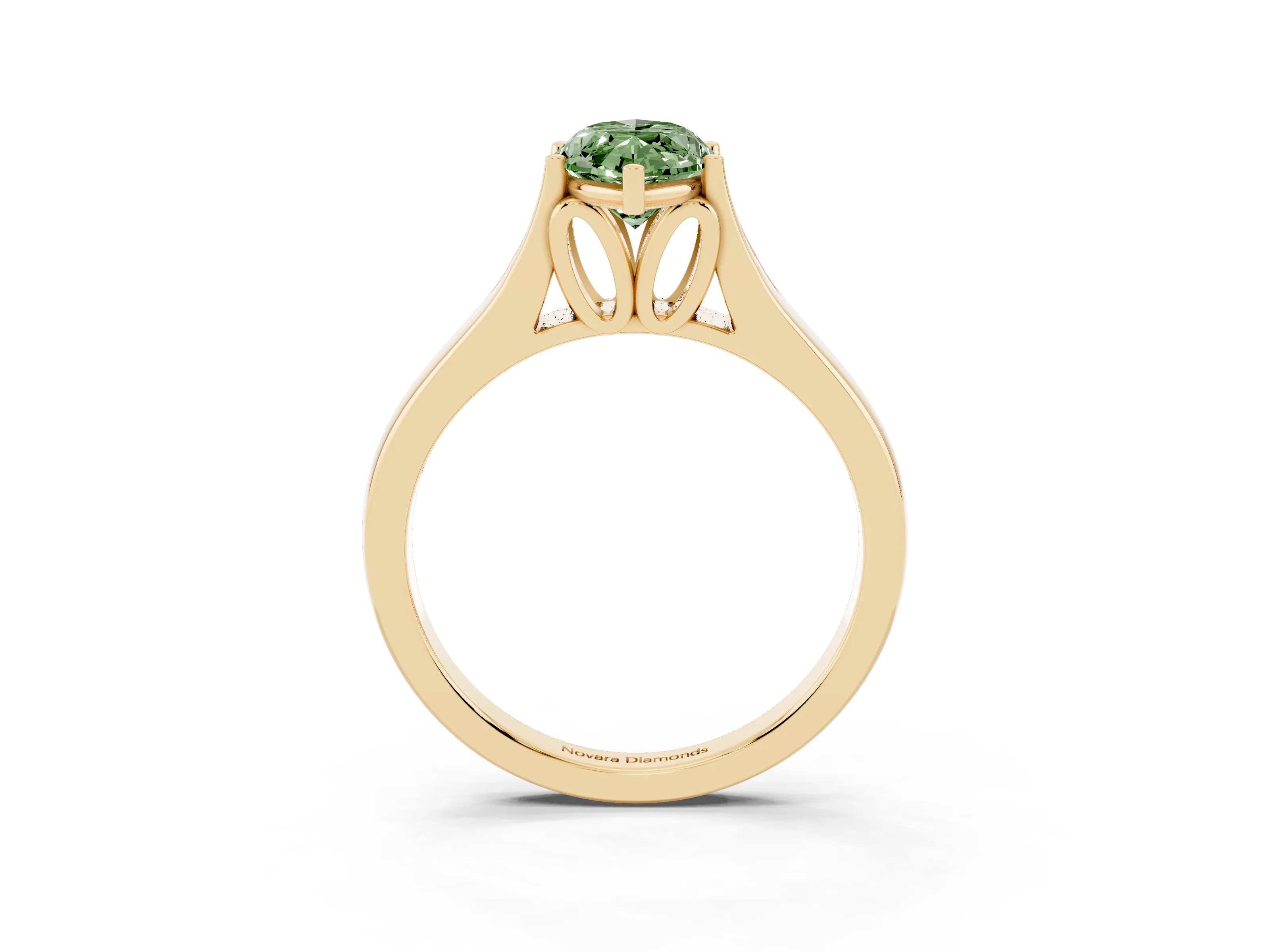 Fancy Green Marquise Cut Diamond Solitaire Ring Set in Yellow gold with Arched Cathedral Band and Prong Setting