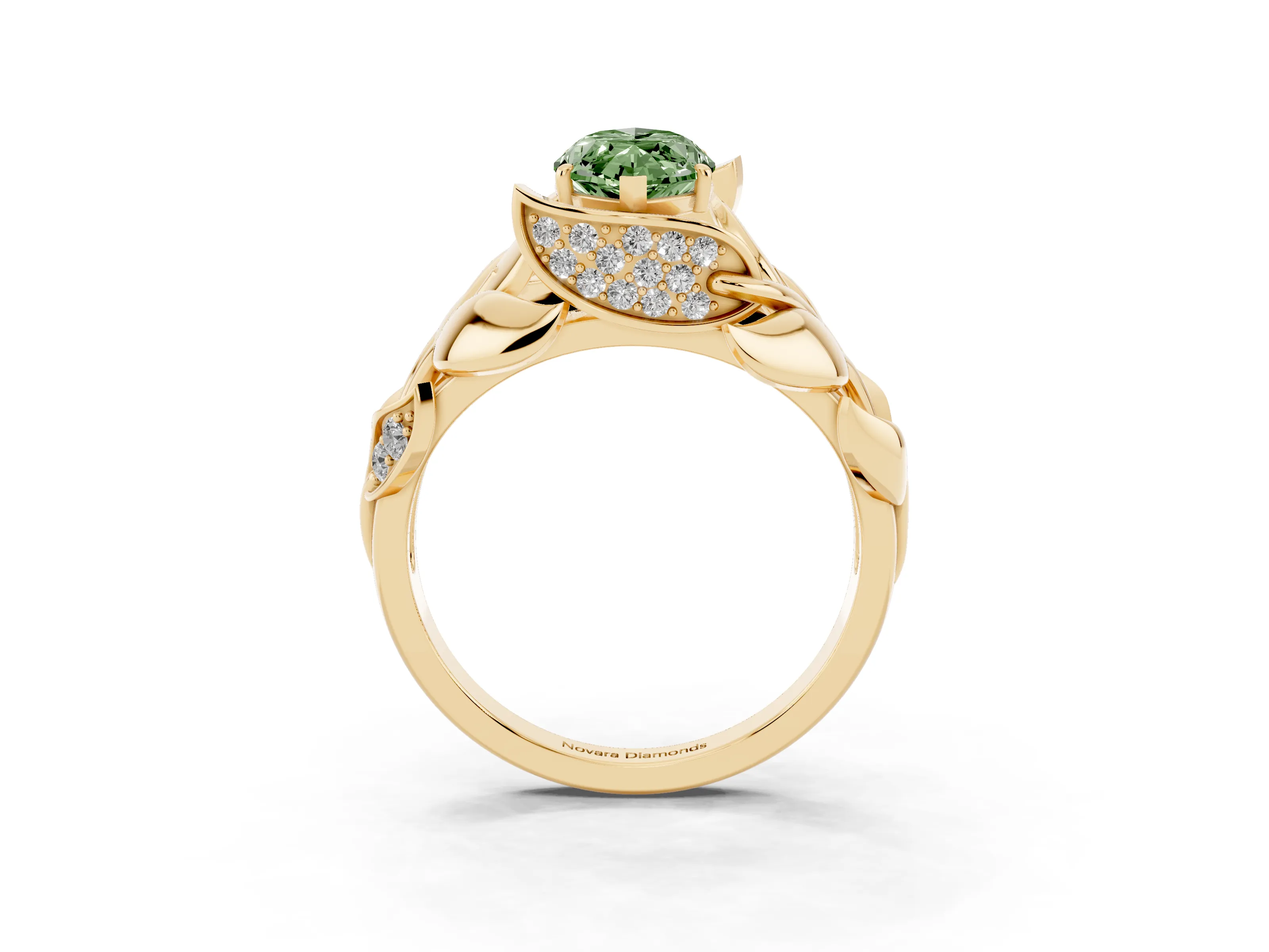 Fancy Green Marquise Cut Diamond Leaf-Inspired Engagement Ring Set in Yellow gold with Round Accents