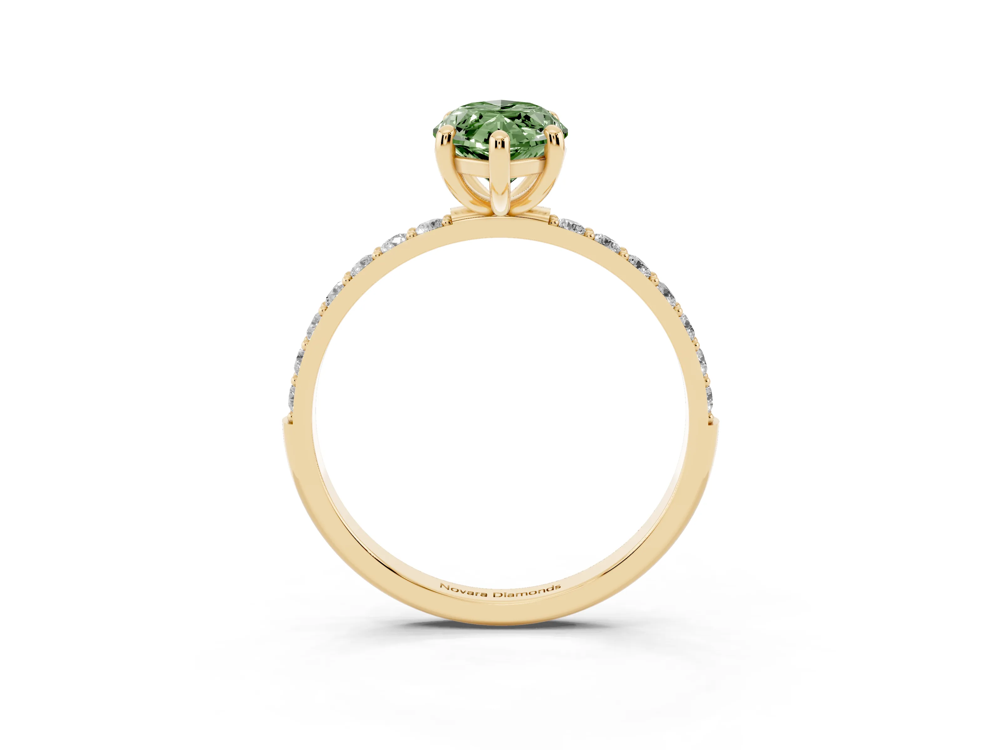 Fancy Green Marquise Cut Diamond Solitaire Ring Set in Yellow gold with Round Pavé Band and Prong Setting