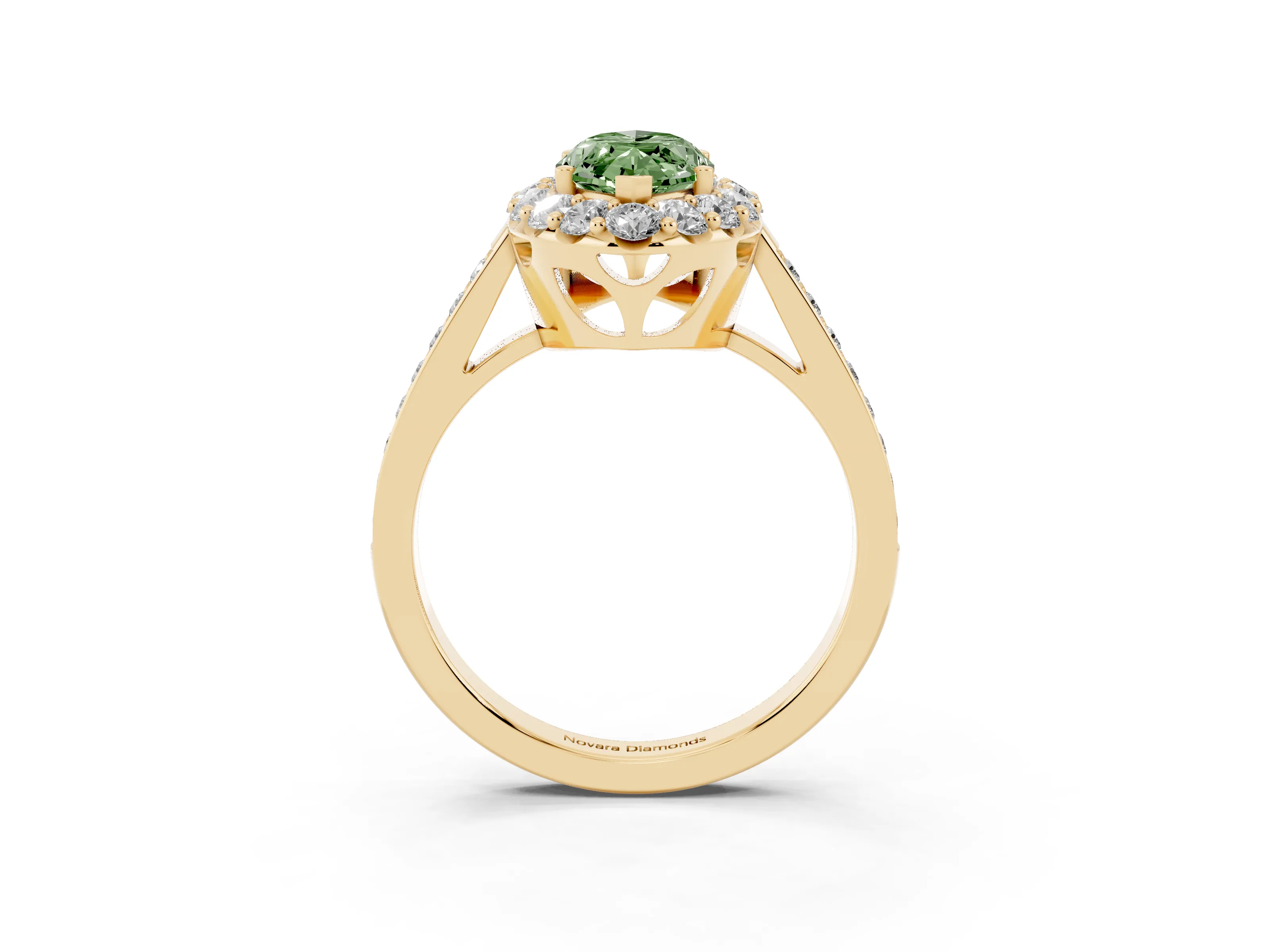 Fancy Green Marquise Cut Diamond Floral Halo Ring Set in Yellow gold with Pavé Band and Prong Setting