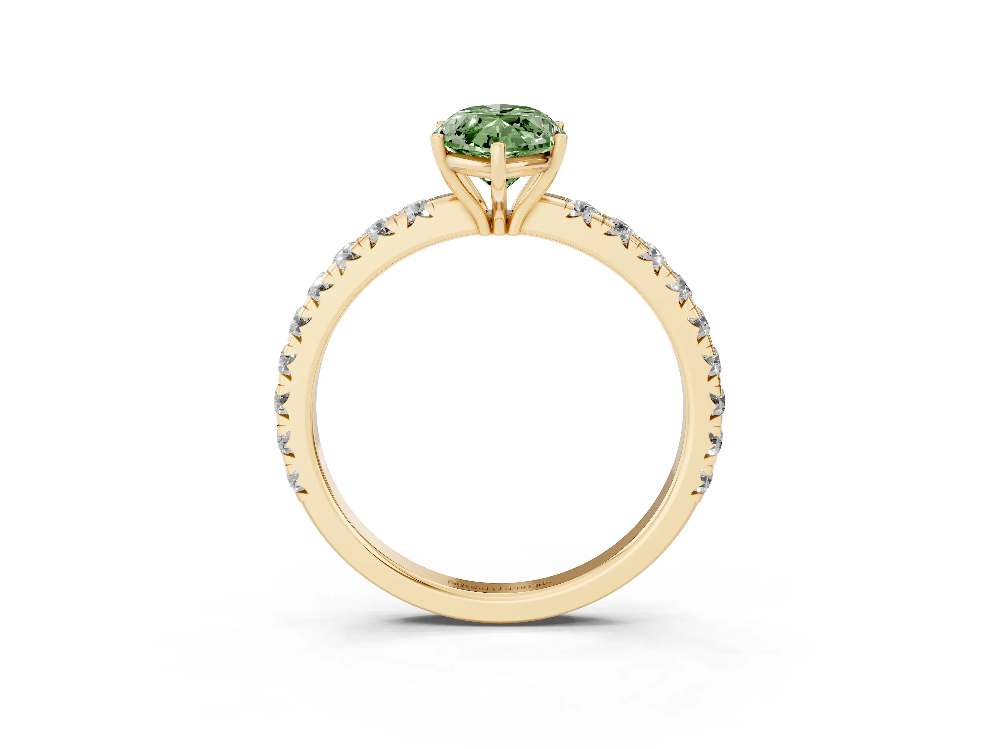 Fancy Green Marquise Cut Diamond Pavé Solitaire Engagement Ring Set in Yellow gold with Prong Setting