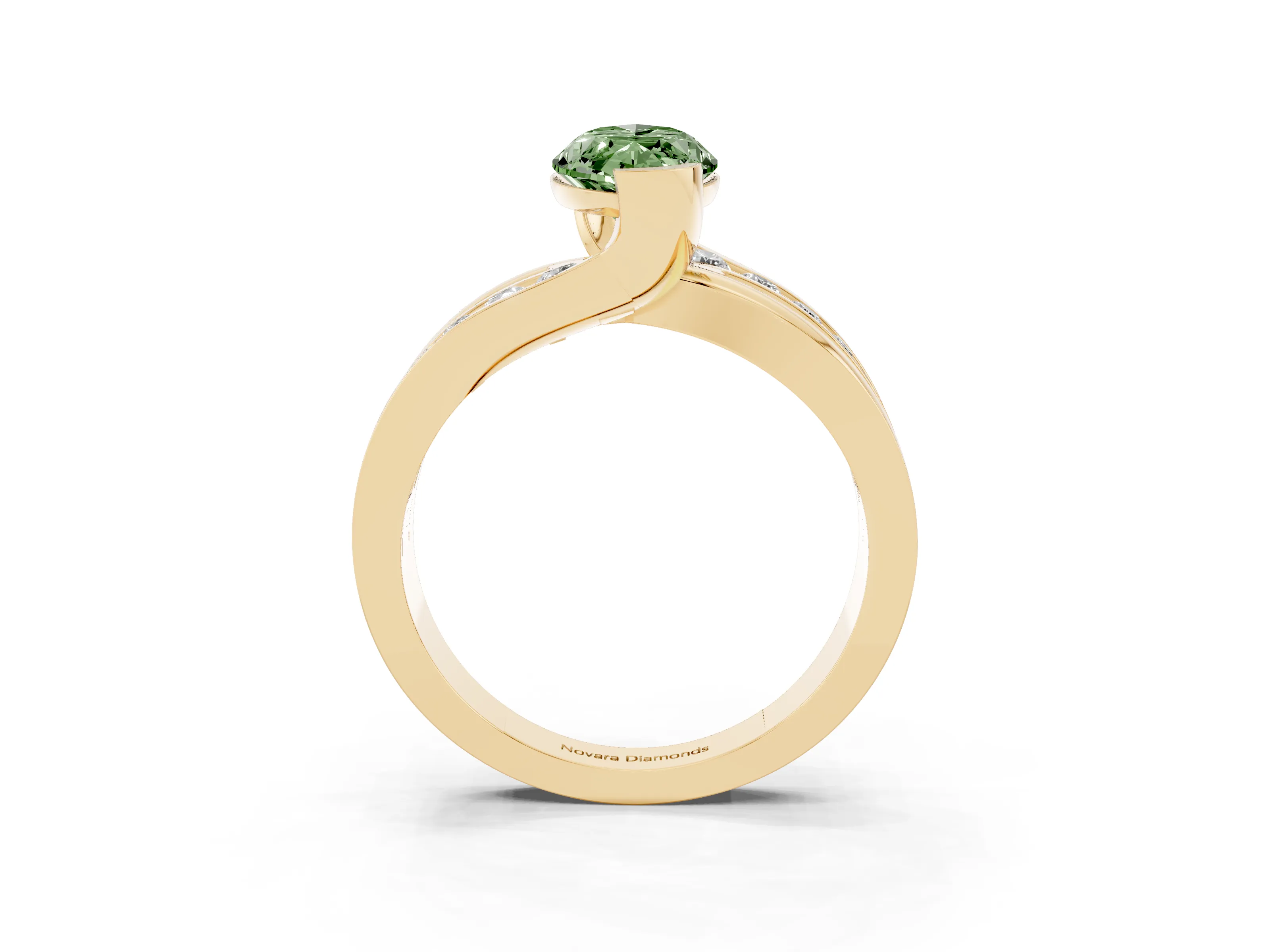 Fancy Green Marquise Cut Diamond Solitaire Ring Set in Yellow gold with Channel Set Split Shank and Tension Prongs