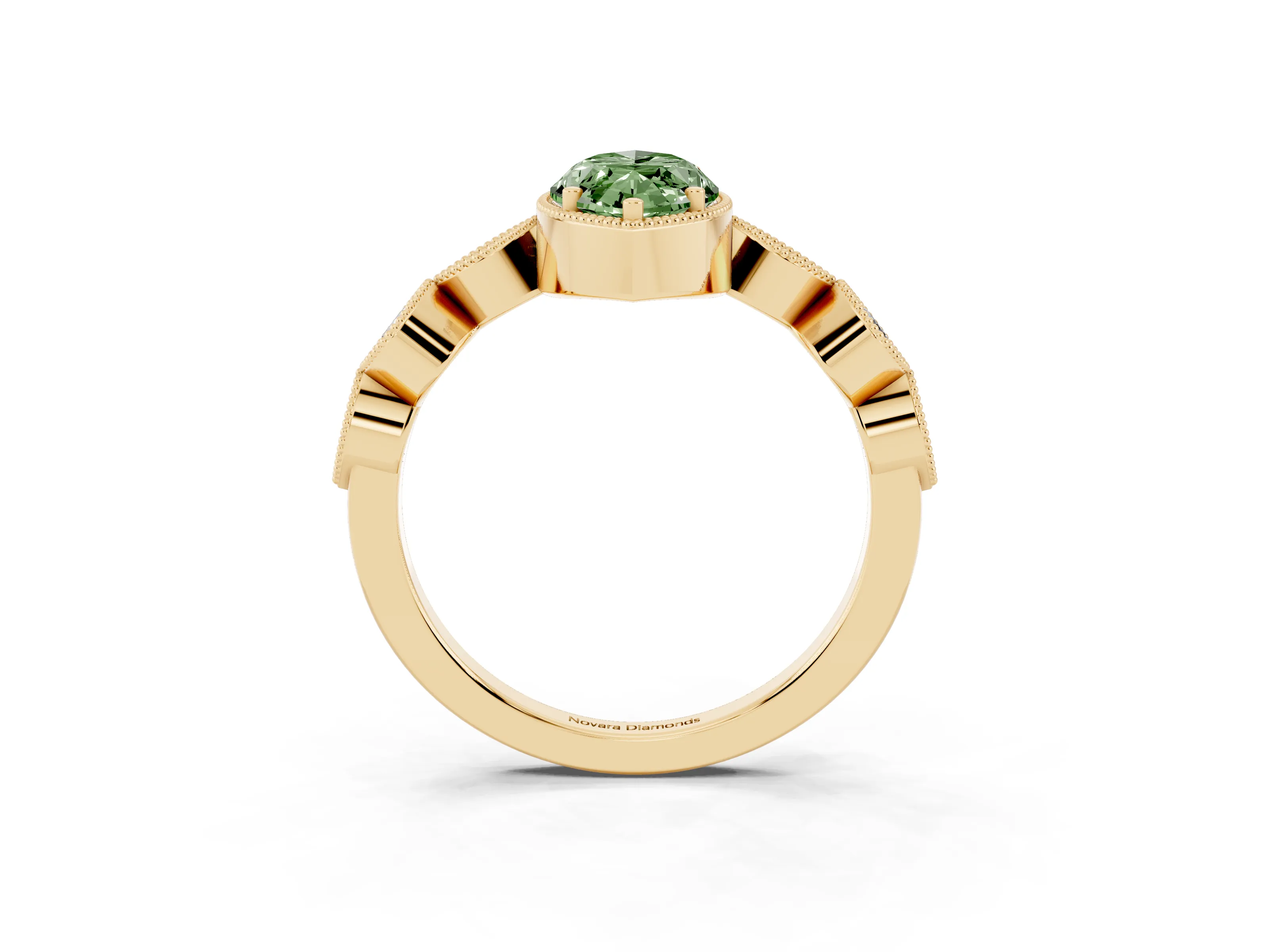 Fancy Green Marquise Cut Diamond Vintage-Inspired Milgrain Ring Set in Yellow gold with Marquise Stations of Round Accents