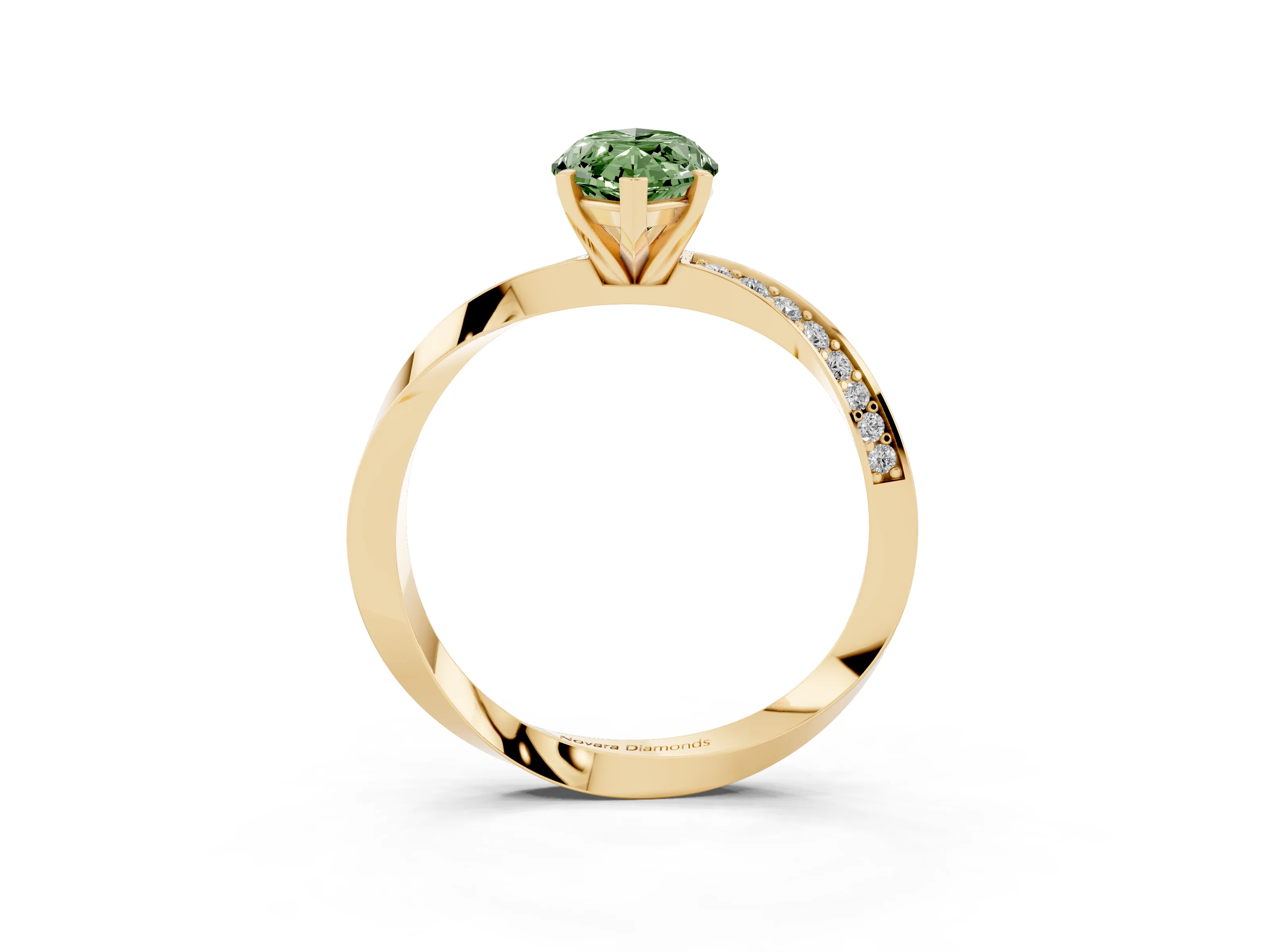 Fancy Green Marquise Cut Diamond Engagement Ring Set in Yellow gold with Side Stone Accents and Prong Setting