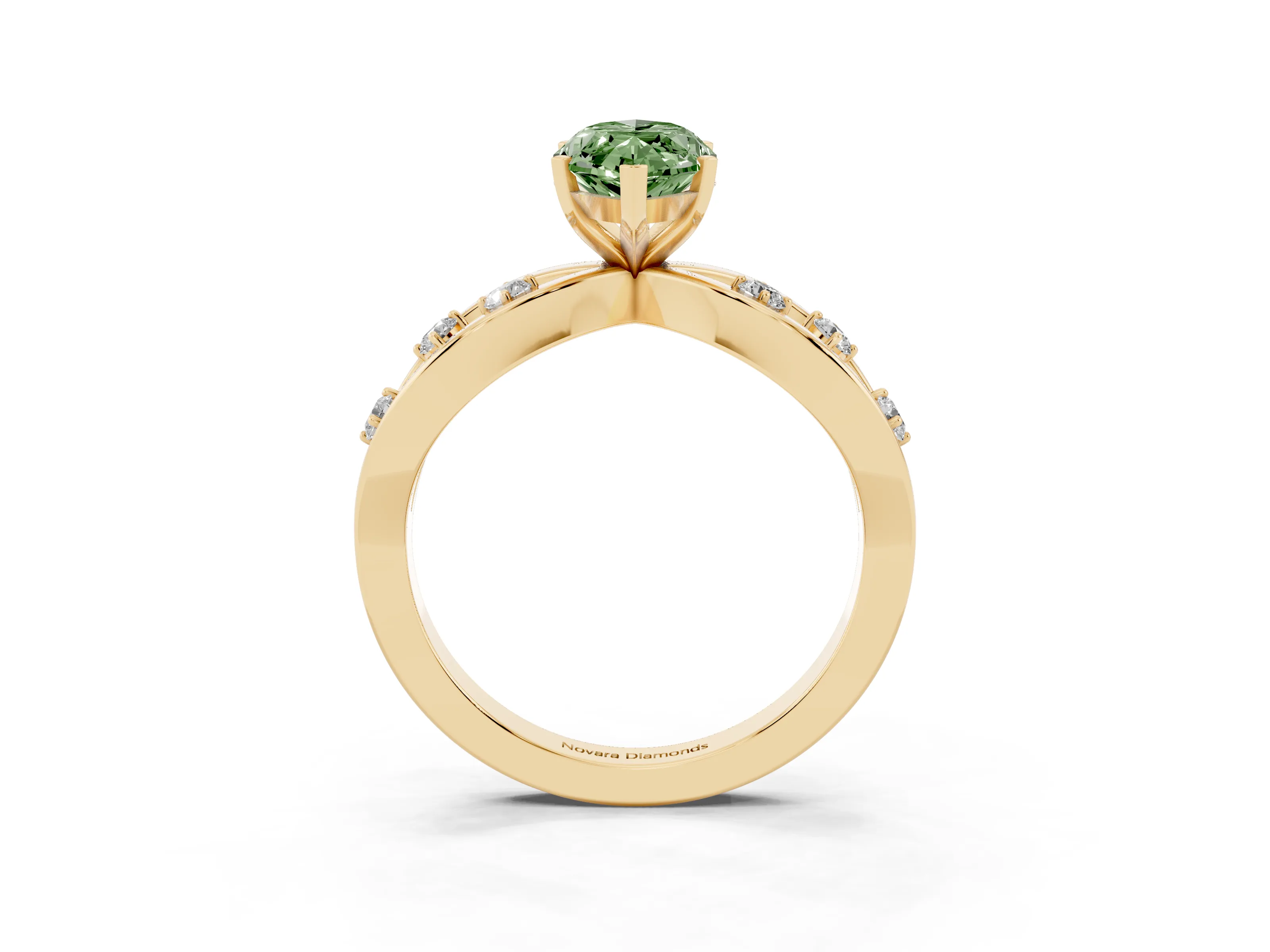 Fancy Green Marquise Cut Diamond Solitaire Ring Set in Yellow gold with Side Stones on Criss-Cross Band and Prong Setting