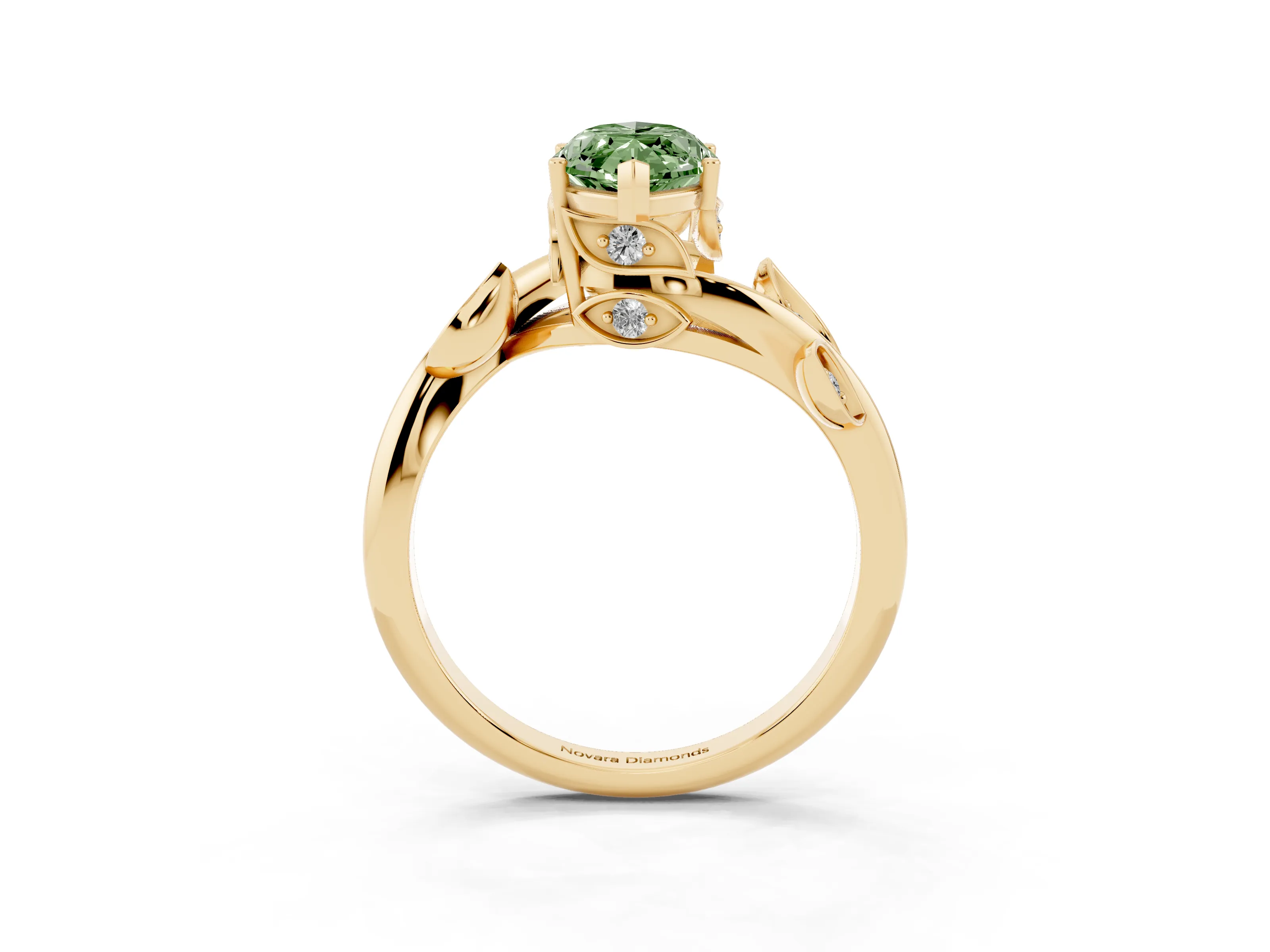 Fancy Green Marquise Cut Diamond Solitaire Twist Engagement Ring Set in Yellow gold with Pavé Leaf Accents