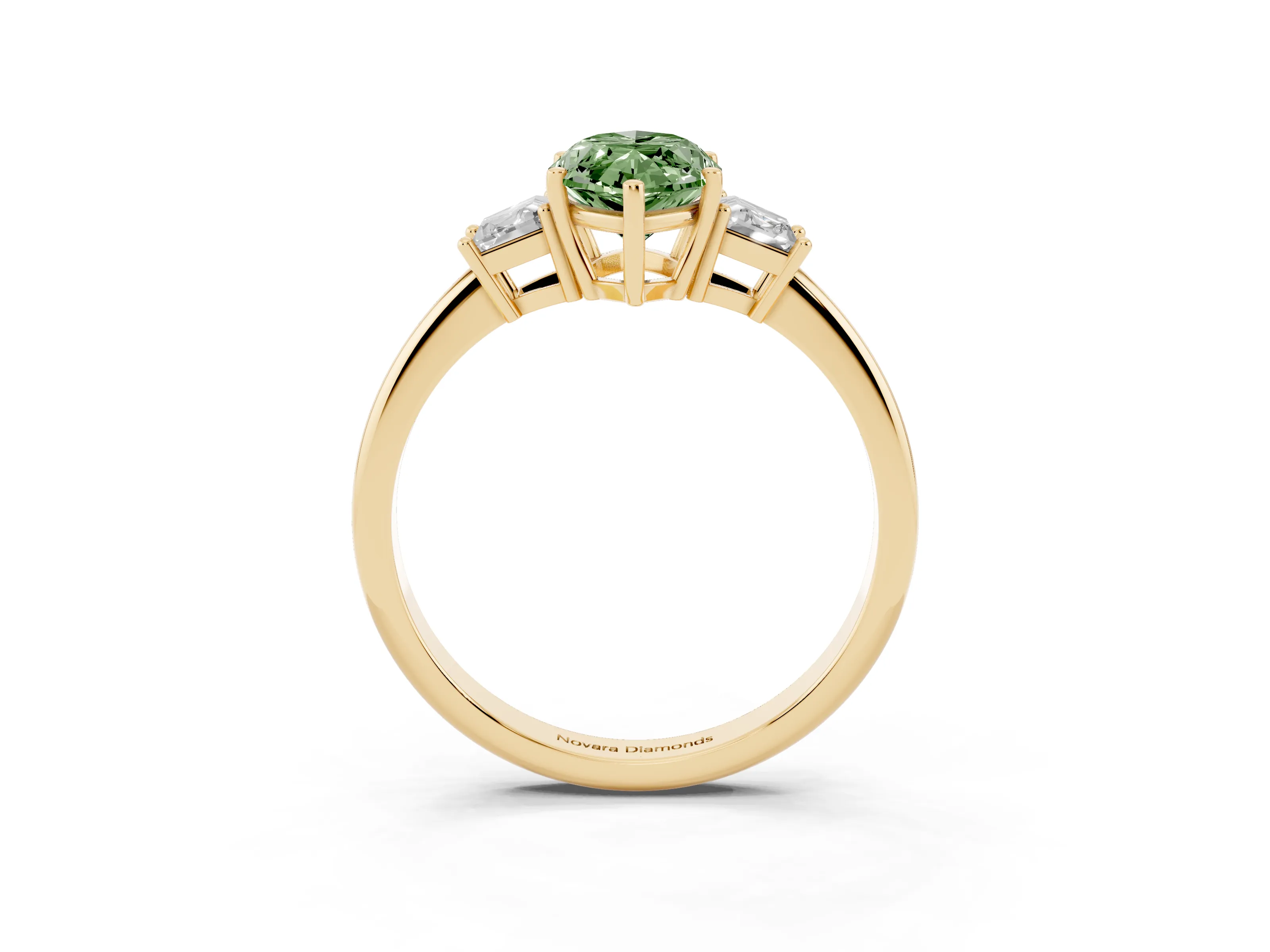 Fancy Green Marquise Cut Diamond Three-Stone Ring Set in Yellow gold with Trapezoid Side Stones and Prong Setting