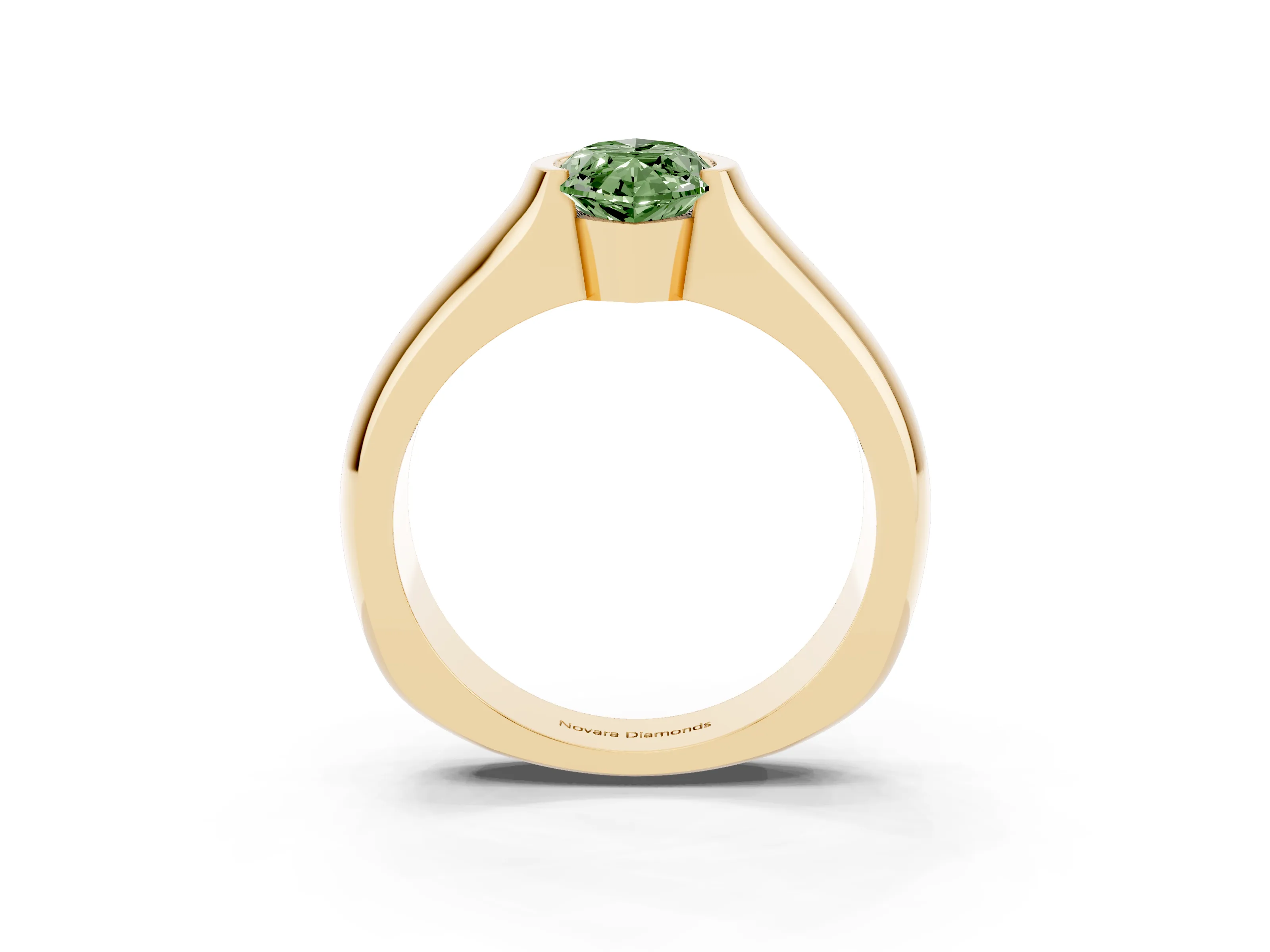Fancy Green Marquise Cut Diamond Bezel Solitaire Ring Set in Yellow gold with Wide Band