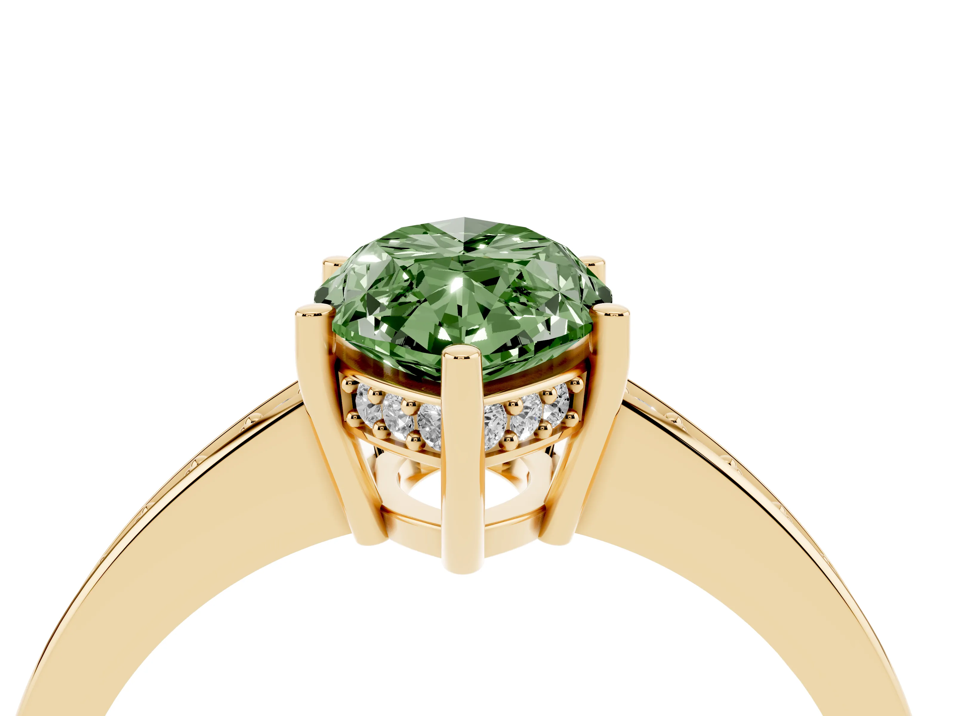 Fancy Green Marquise Cut Diamond Pavé Band Prong Set Solitaire Ring Set in Yellow gold