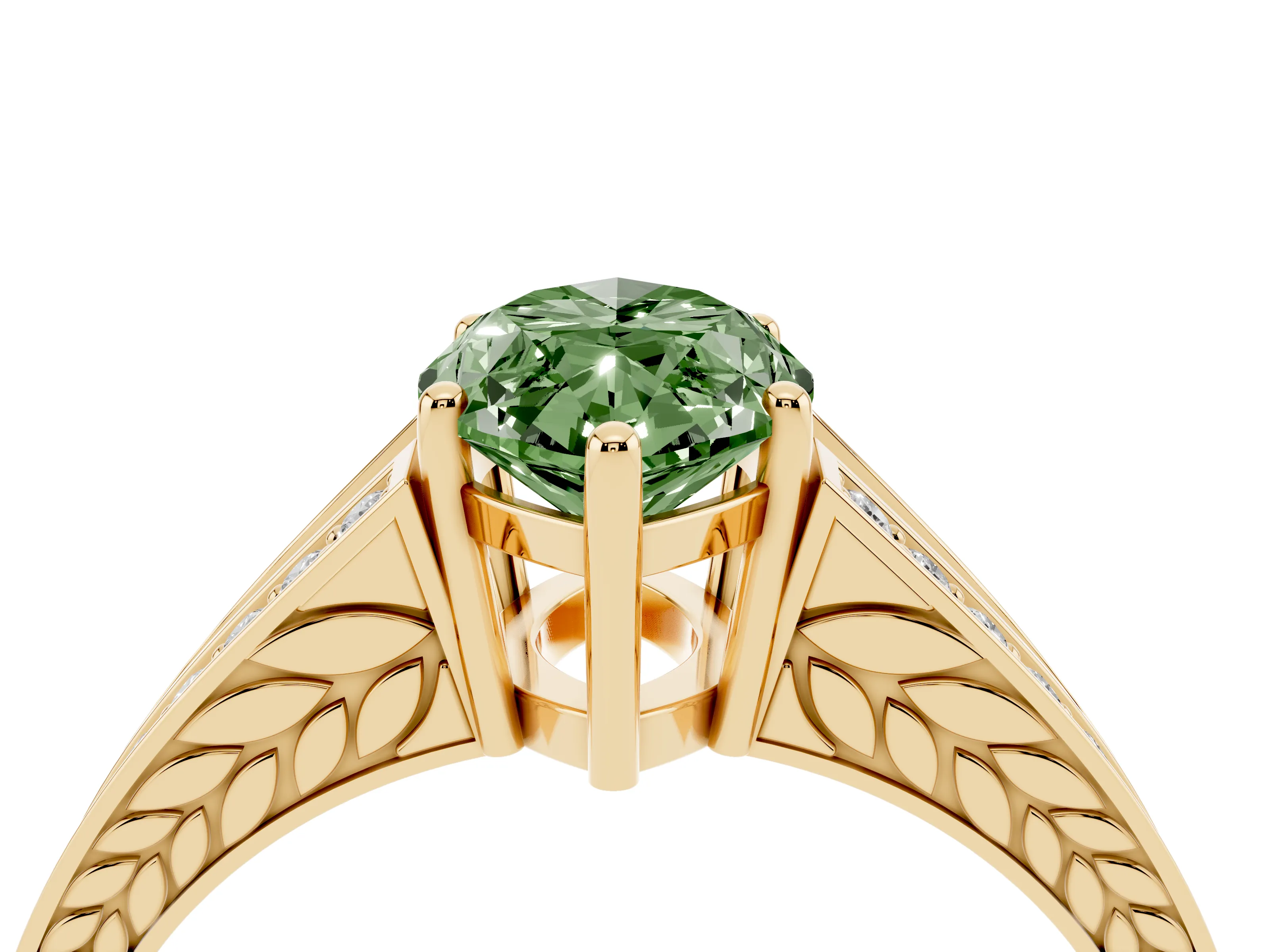 Fancy Green Marquise Cut Diamond Split Shank Ring Set in Yellow gold with Pavé Band and Prong Setting