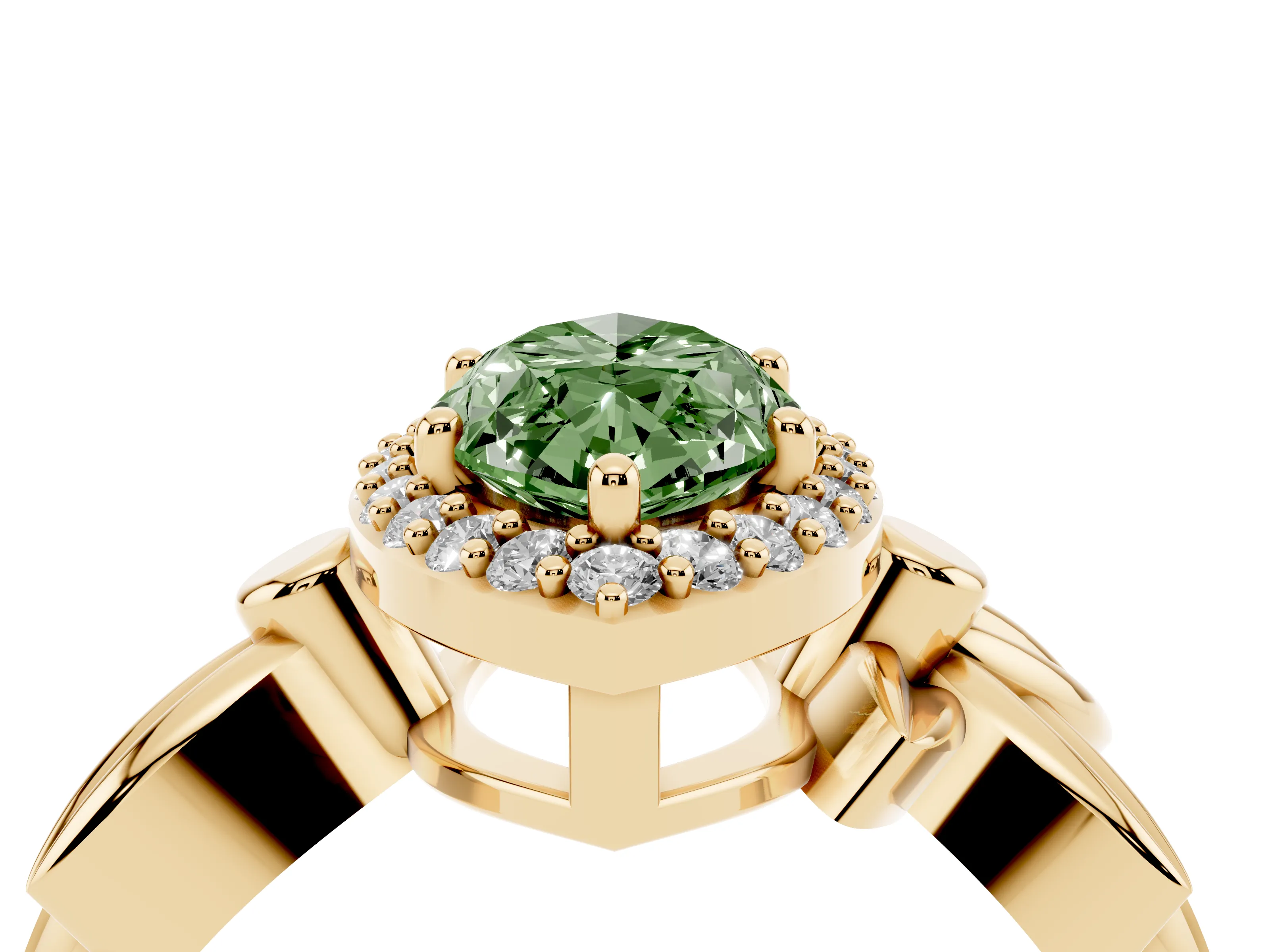 Fancy Green Marquise Cut Diamond Halo Floral Band Ring Set in Yellow gold with Prong Setting