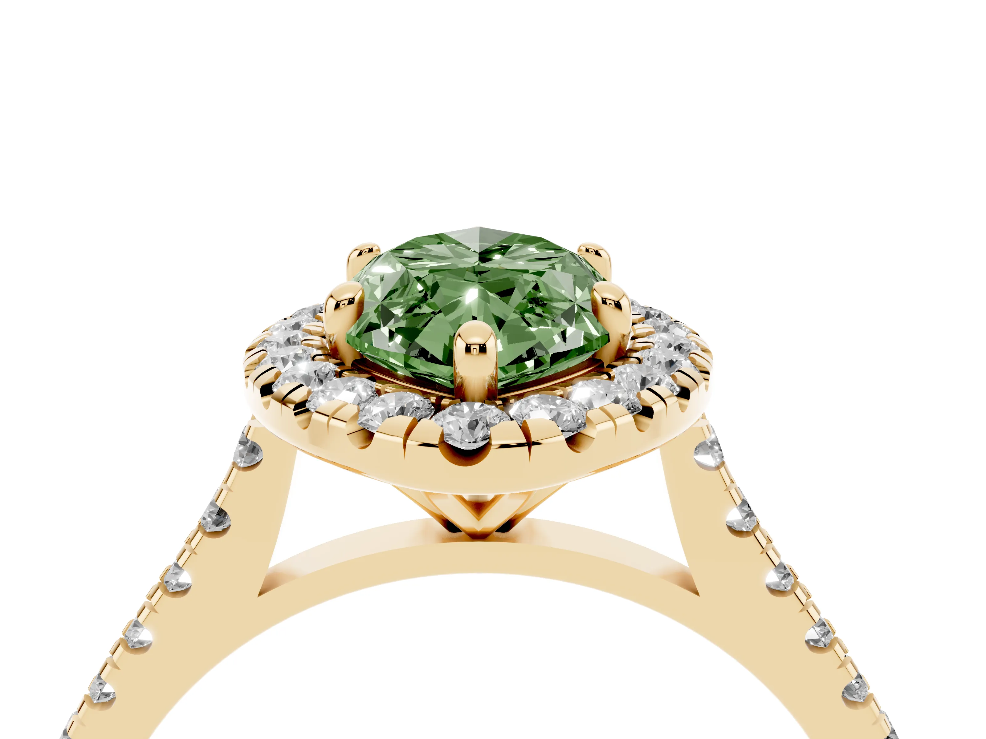 Fancy Green Marquise Cut Diamond Cushion Halo Ring Set in Yellow gold with Pavé Band