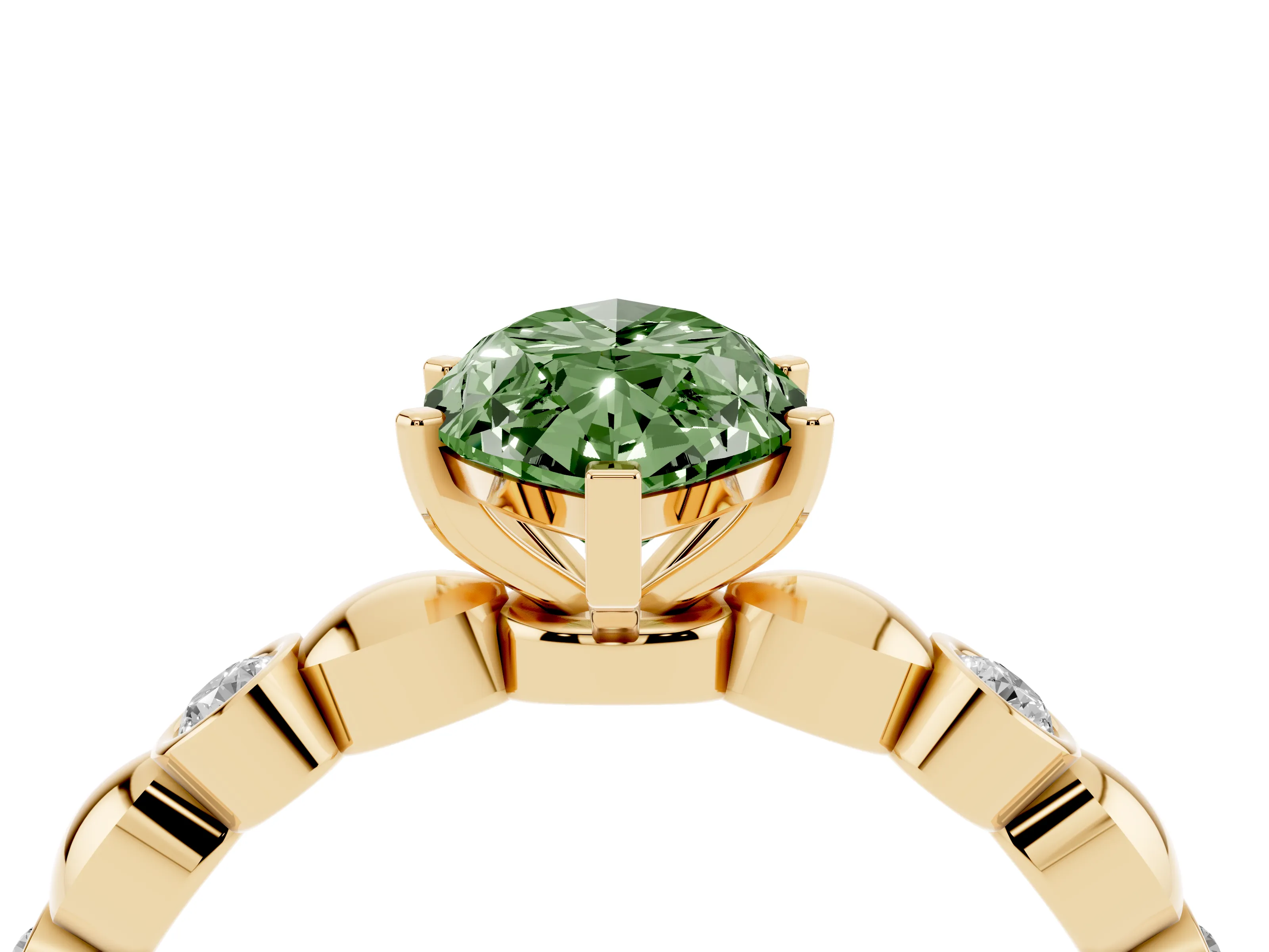 Fancy Green Marquise Cut Diamond Solitaire Ring Set in Yellow gold with Bezel-Set Accents on Beaded Band and Prong Setting