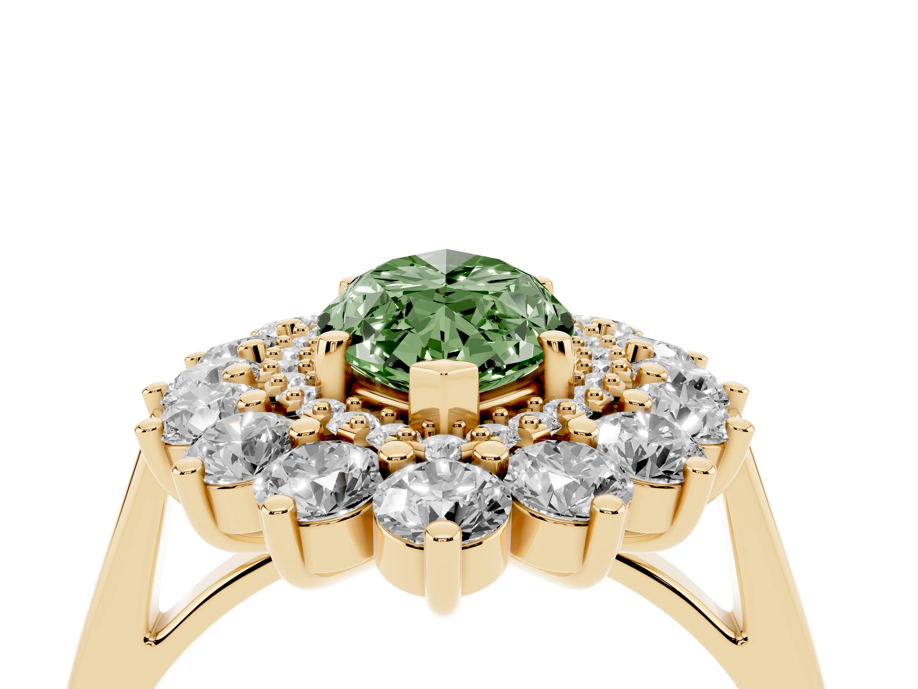 Fancy Green Marquise Cut Diamond Floral Double Halo Ring Set in Yellow gold with Round Petals