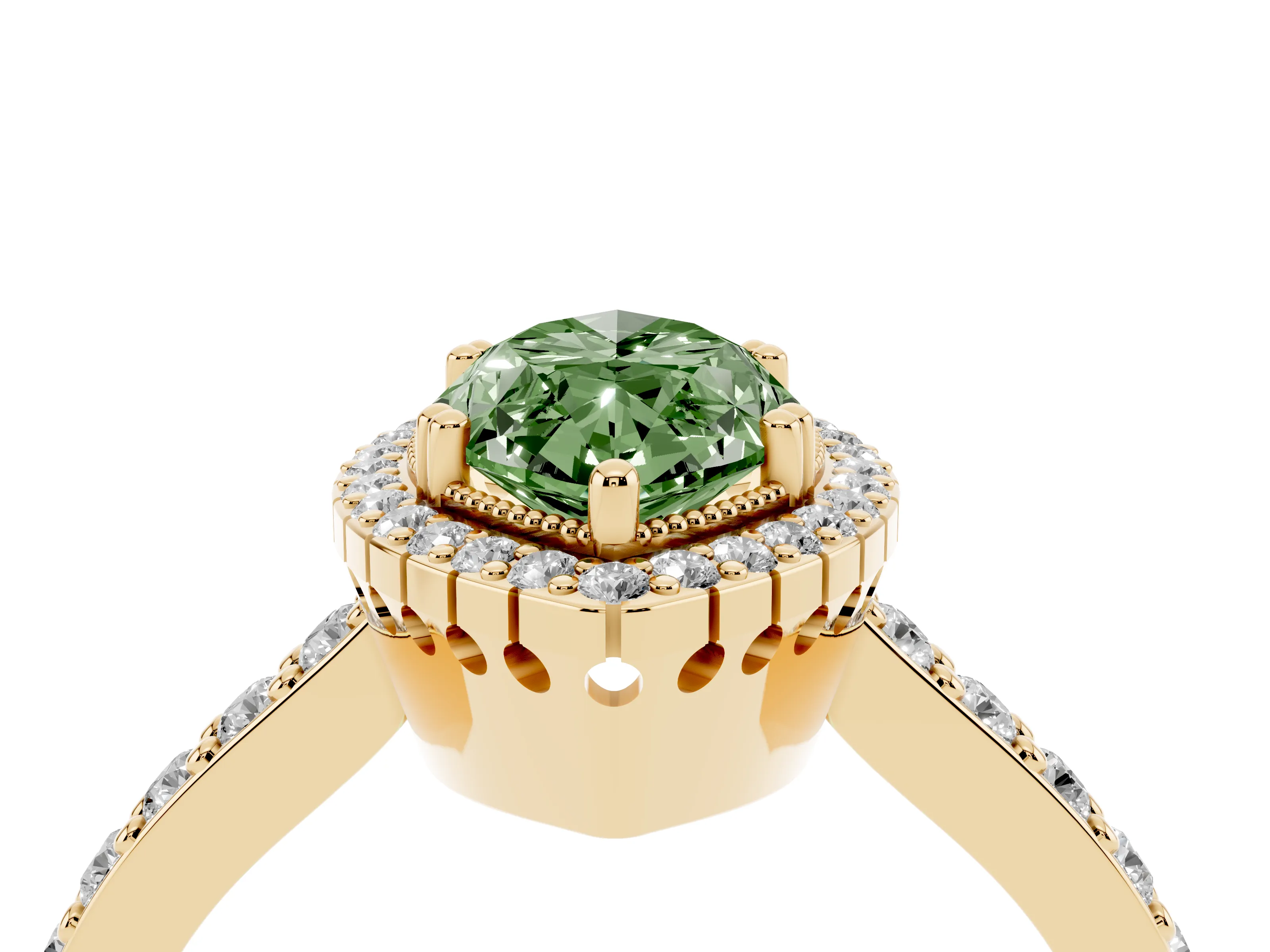 Fancy Green Marquise Cut Diamond Halo Engagement Ring Set in Yellow gold with Milgrain Detail and Pavé Band