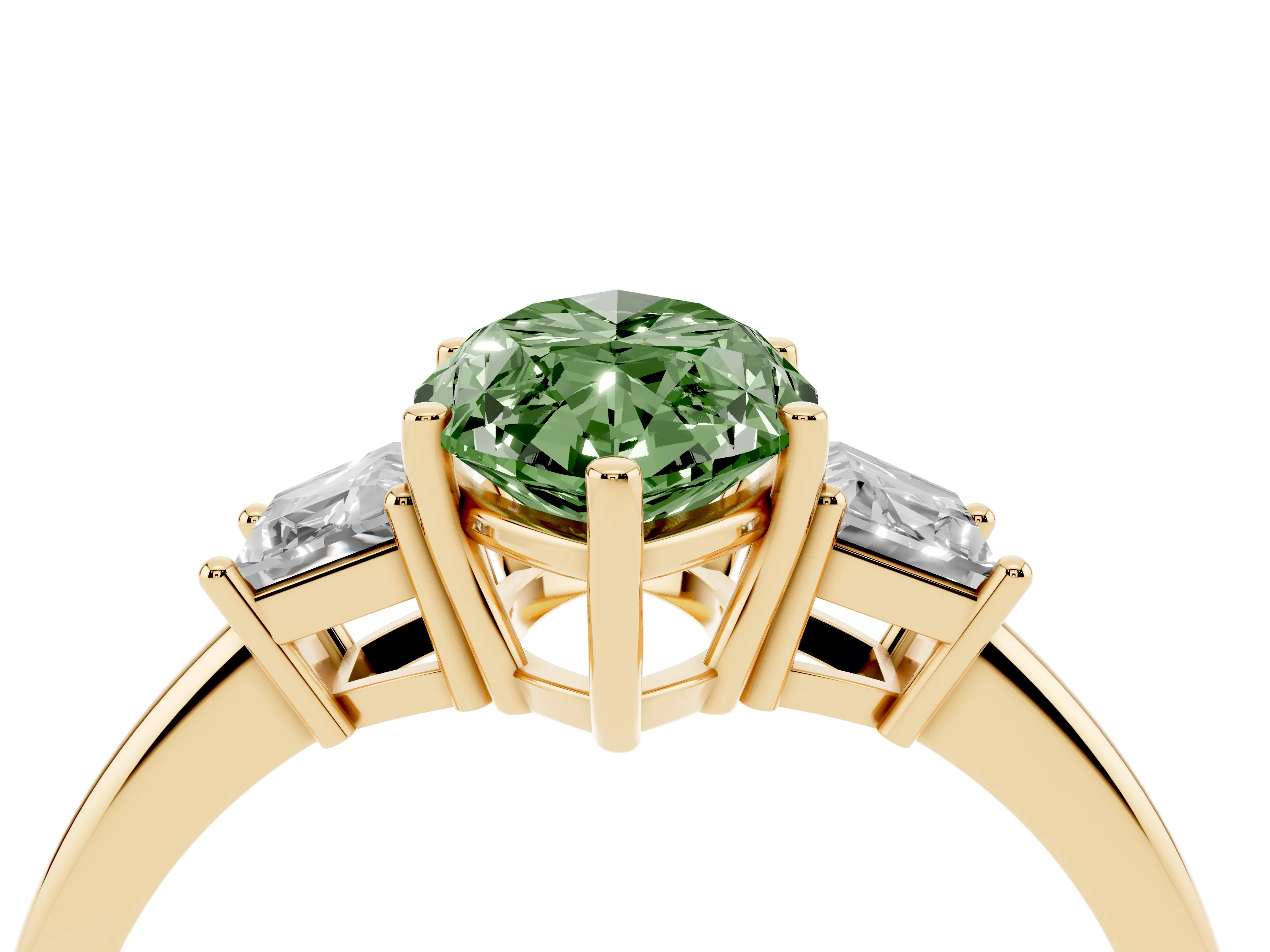 Fancy Green Marquise Cut Diamond Three-Stone Ring Set in Yellow gold with Trapezoid Side Stones and Prong Setting