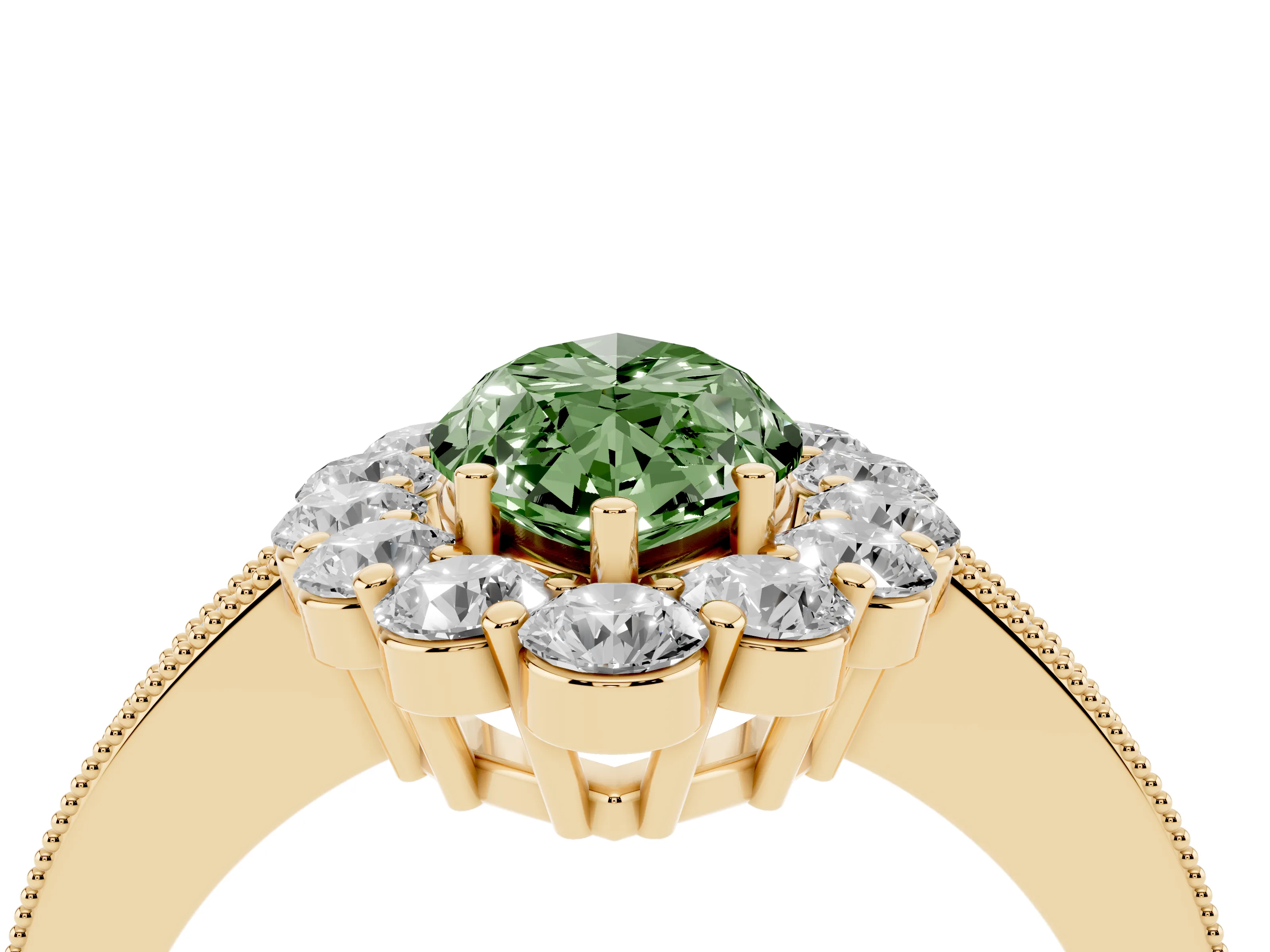 Fancy Green Marquise Cut Diamond Halo Pavé Engagement Ring Set in Yellow gold with Milgrain Detailing