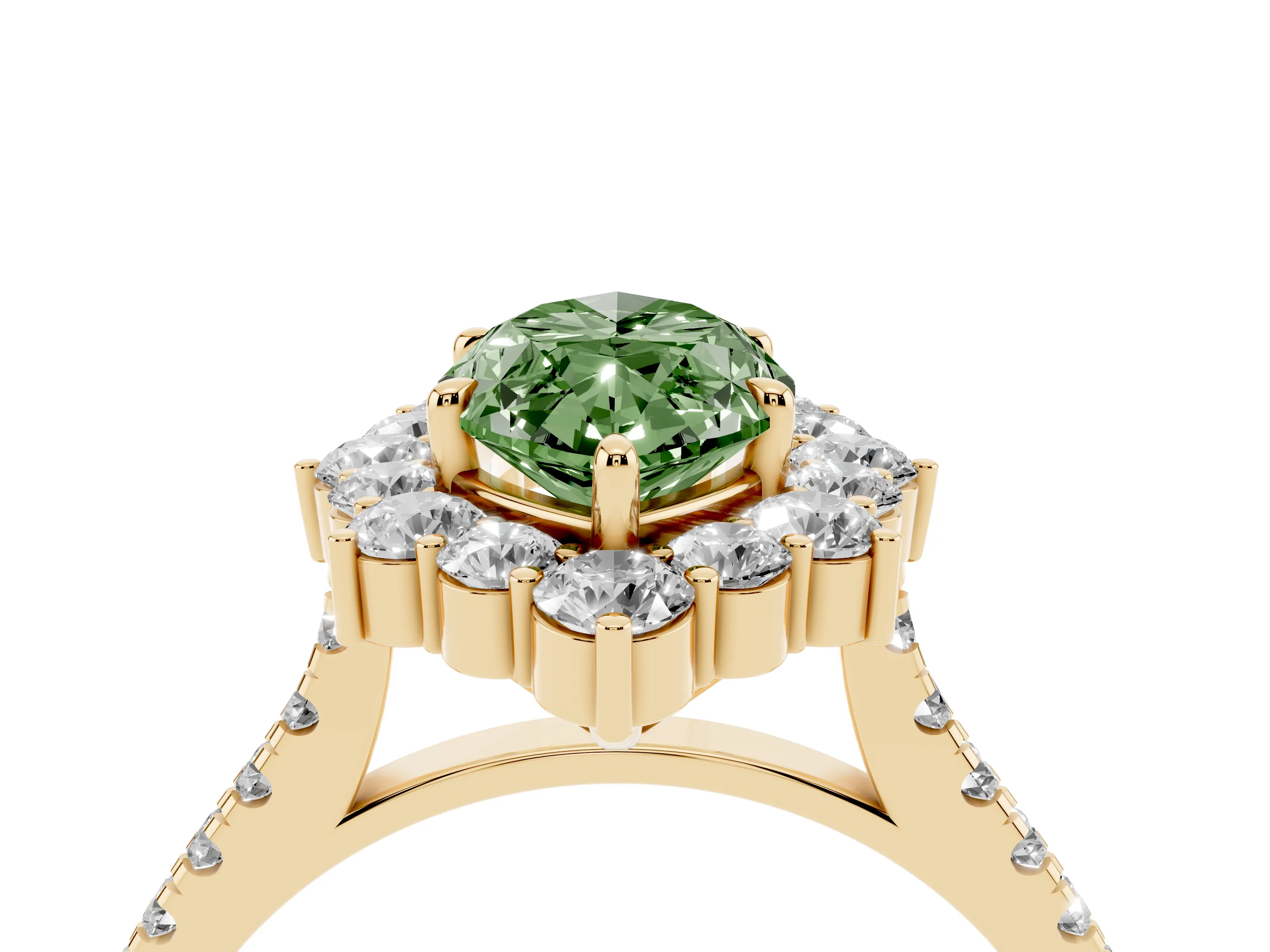 Fancy Green Marquise Cut Diamond Halo Ring Set in Yellow gold with Pavé Band and Prong Setting