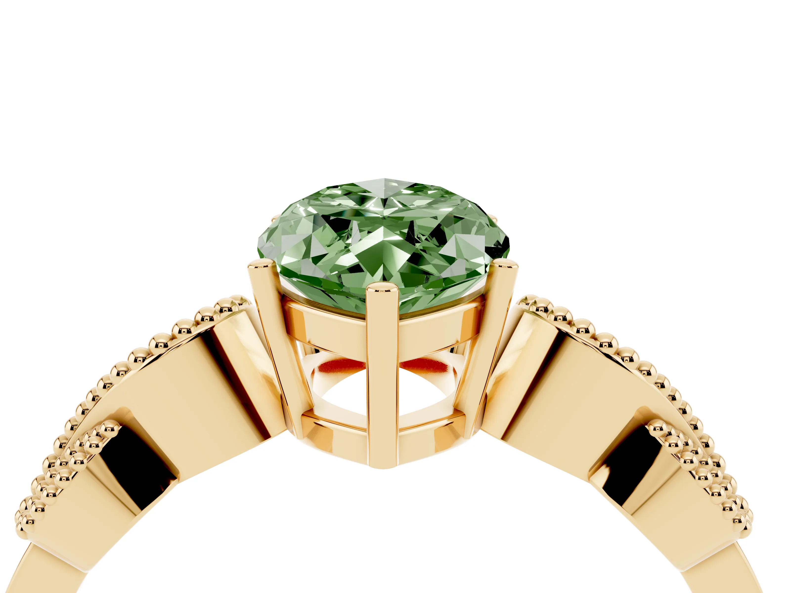 Fancy Green Marquise Cut Diamond Milgrain Leaf Band Solitaire Ring Set in Yellow gold with Accent Stones and Prong Setting