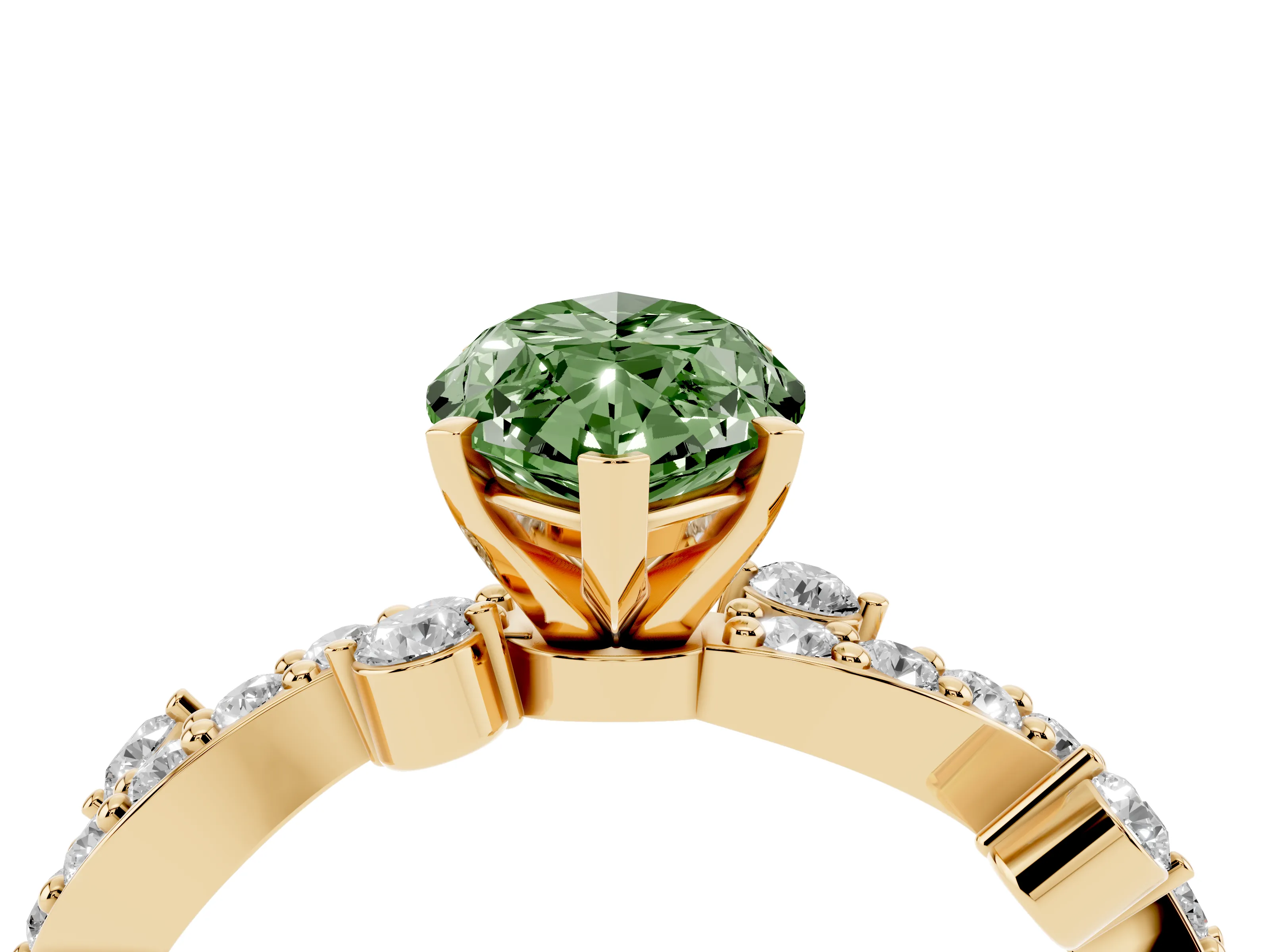 Fancy Green Marquise Cut Diamond Solitaire Twisted Band Set in Yellow gold with Pavé Setting