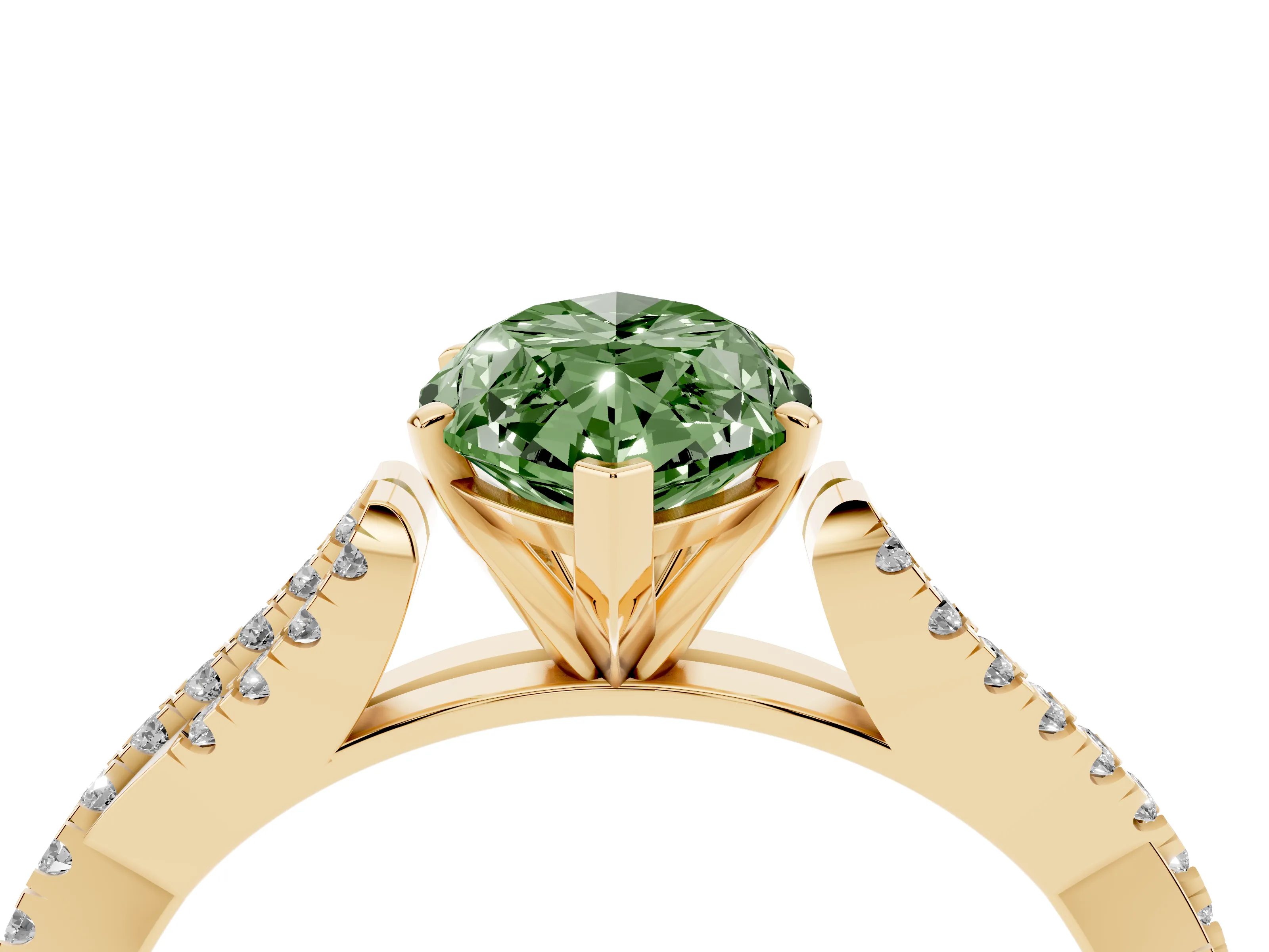 Fancy Green Marquise Cut Diamond Solitaire Engagement Ring Set in Yellow gold with Twisted Pavé Band and Prong Setting