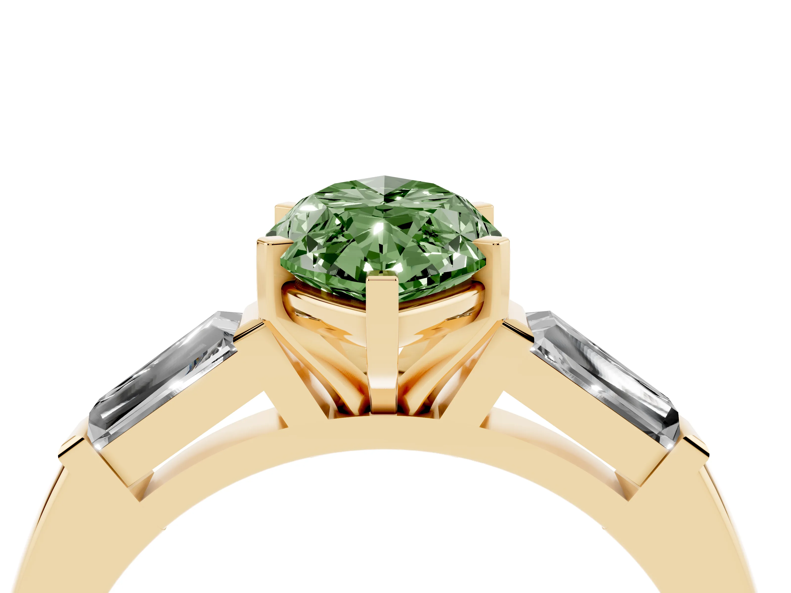 Fancy Green Marquise Cut Diamond Solitaire Ring Set in Yellow gold with Tapered Baguette Side Stones and Prong Setting