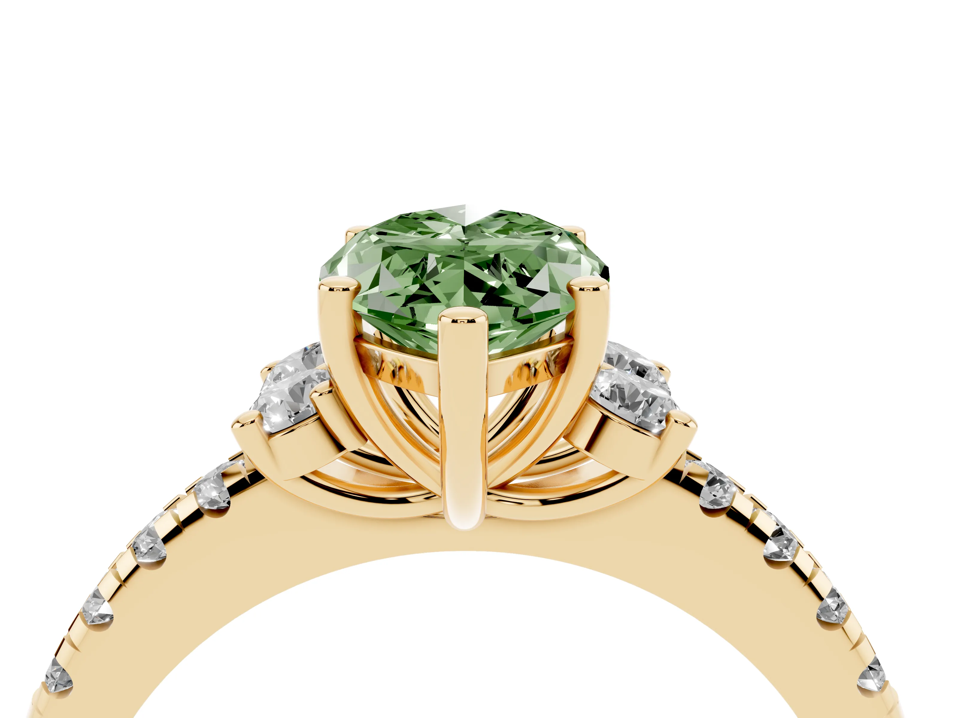 Fancy Green Marquise Cut Diamond Three-Stone Pavé Ring Set in Yellow gold with Prong Setting