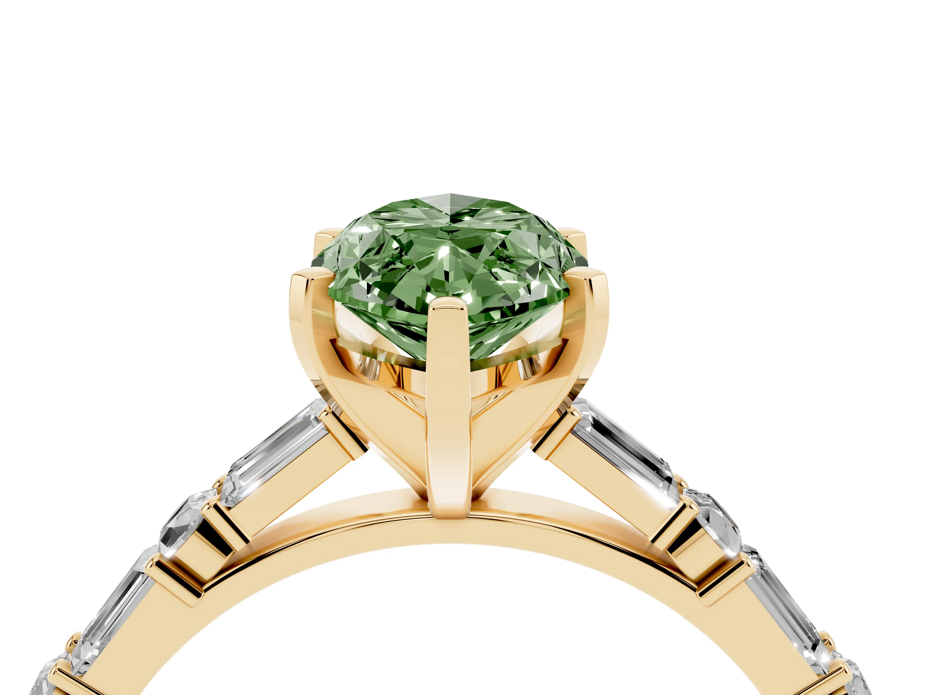Fancy Green Marquise Cut Diamond Solitaire Set in Yellow gold with Side Baguettes and Channel Set Band