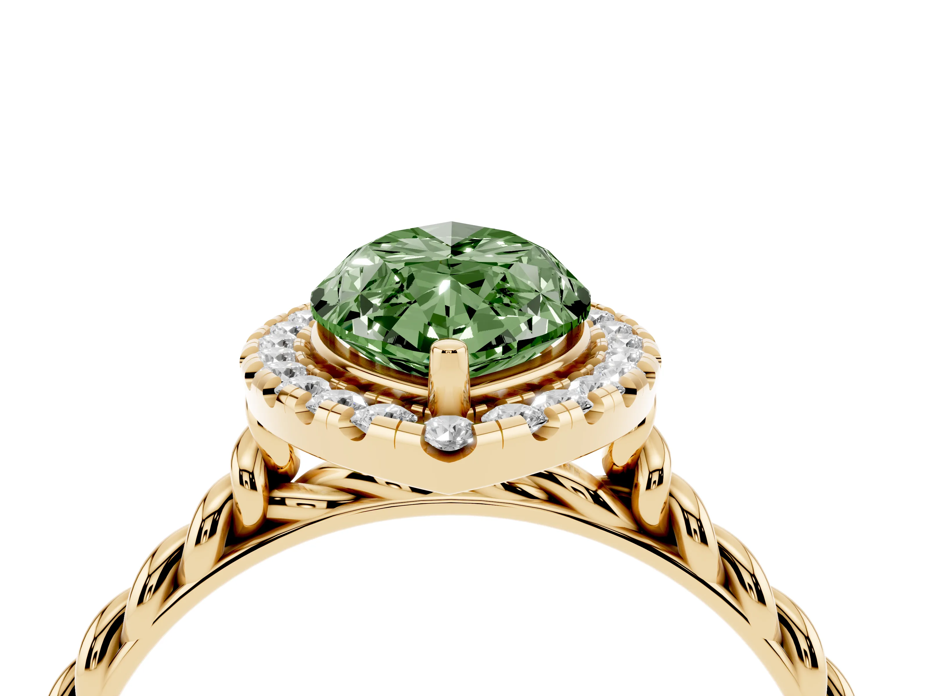 Fancy Green Marquise Cut Diamond Halo Ring Set in Yellow gold with Plain Twisted Band