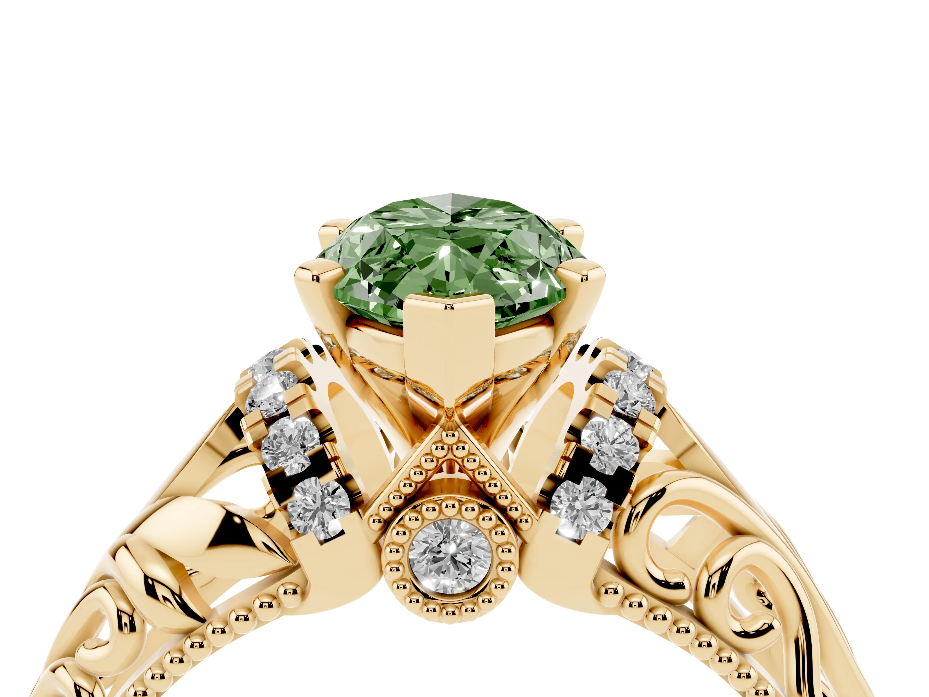 Fancy Green Marquise Cut Diamond Filigree Halo Engagement Ring Set in Yellow gold with Prong Setting
