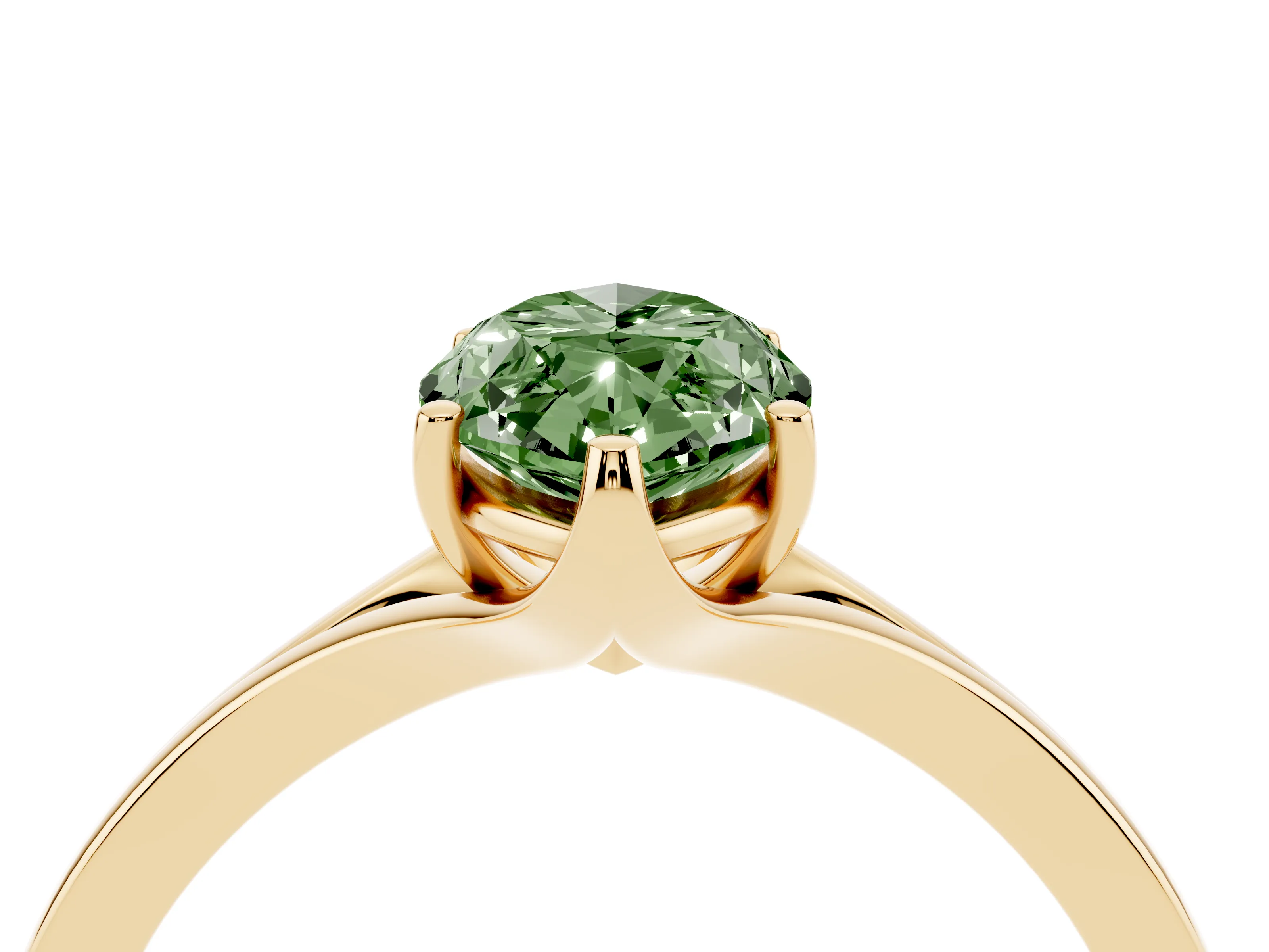 Fancy Green Marquise Cut Diamond Solitaire Ring Set in Yellow gold with Polished Tapered Band and Prong Setting