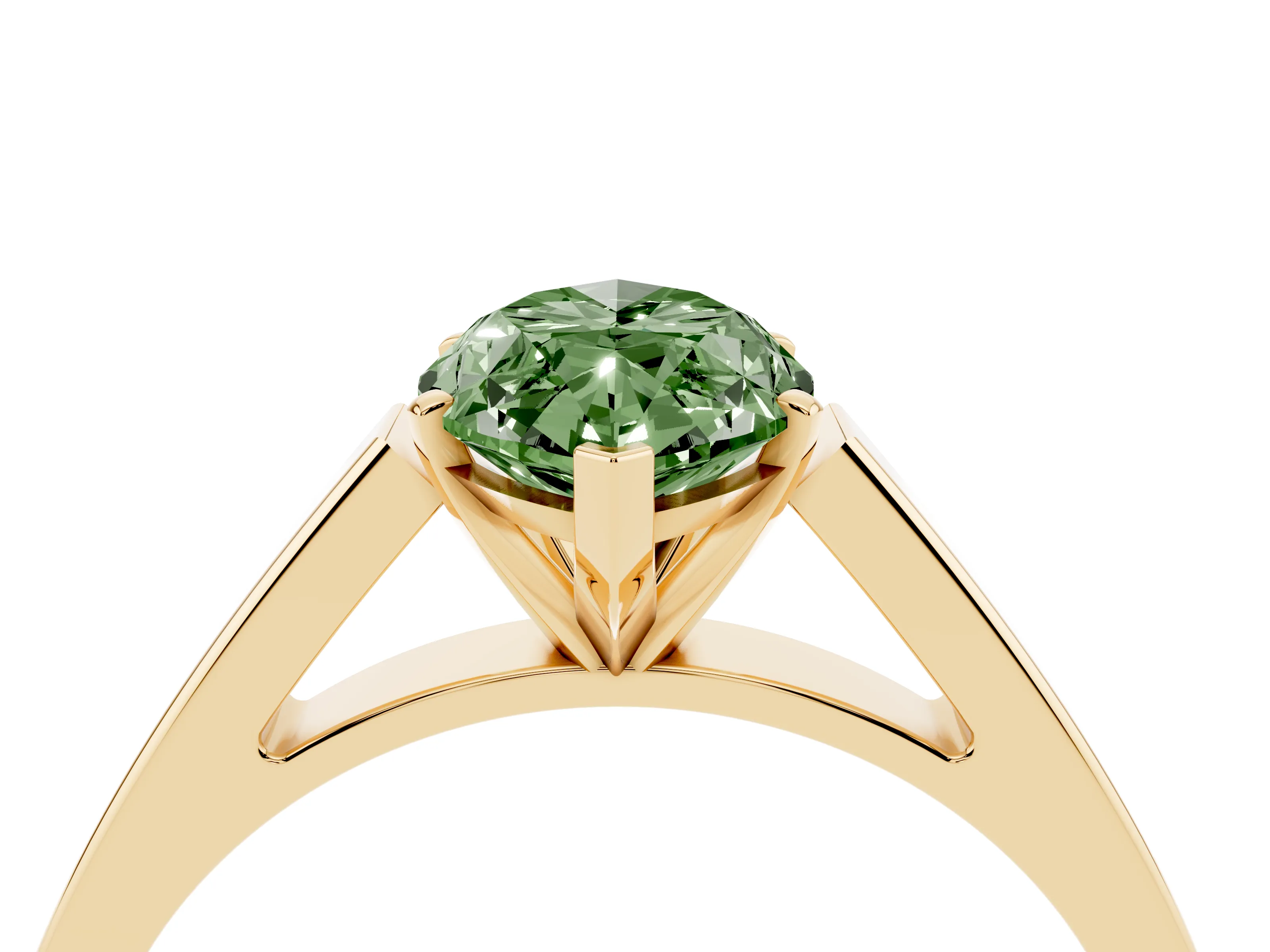 Fancy Green Marquise Cut Diamond Solitaire Engagement Ring Set in Yellow gold with Prong Setting and Tapered Band