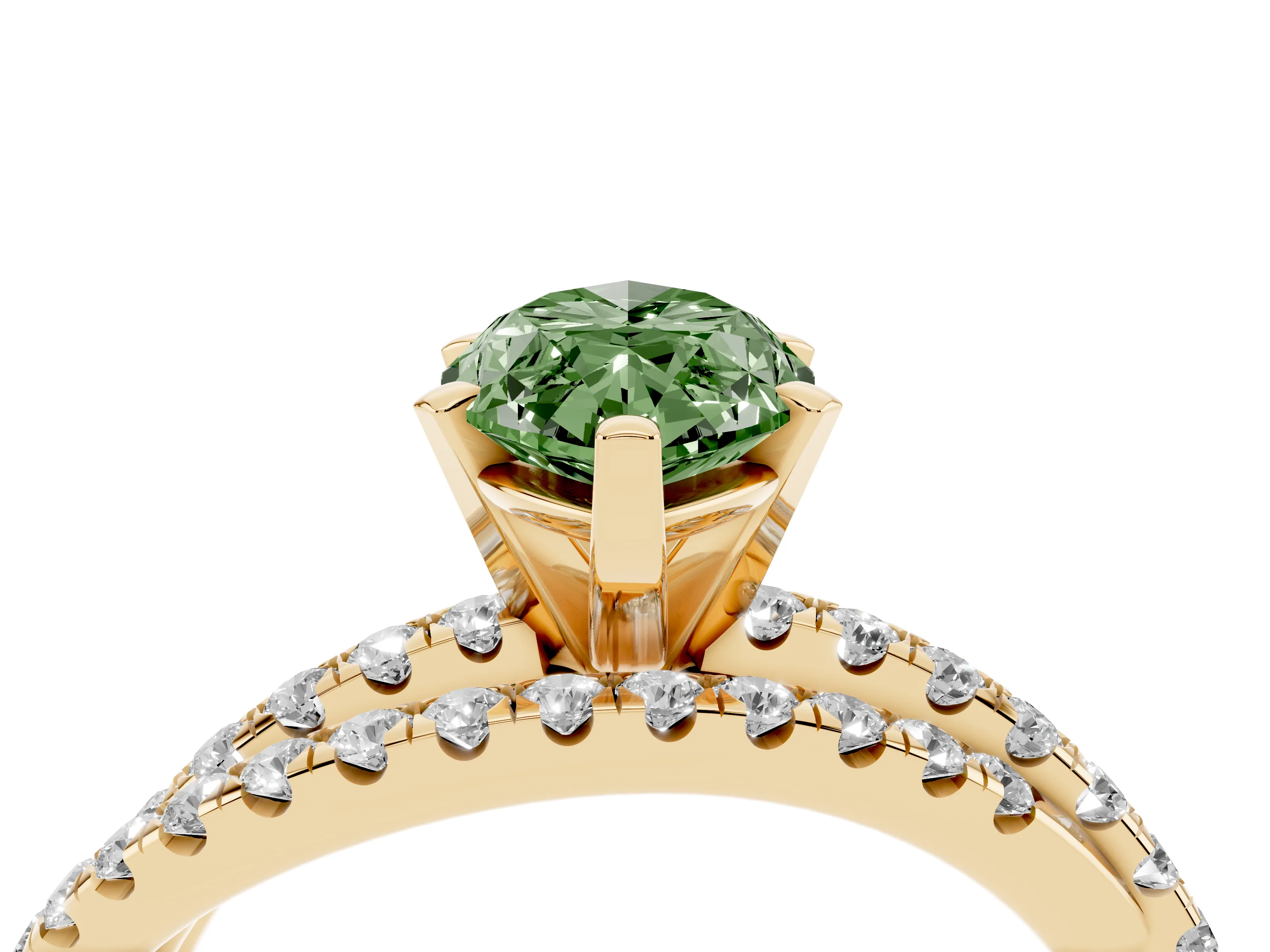 Fancy Green Marquise Cut Diamond Solitaire Twist Band Ring Set in Yellow gold with Pavé Setting and Prong Head