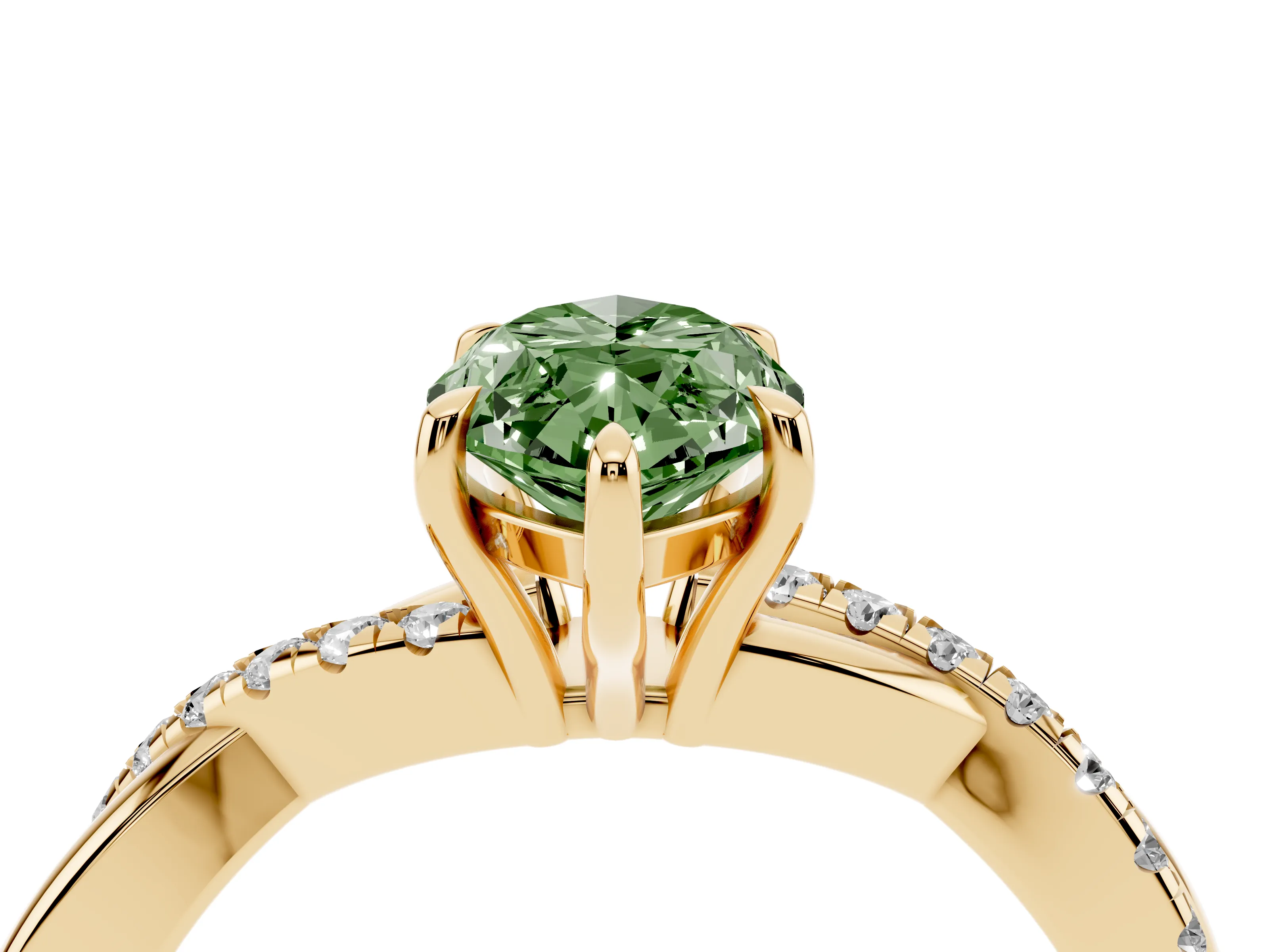 Fancy Green Marquise Cut Diamond Twisted Pavé Band Ring Set in Yellow gold with Prong Setting