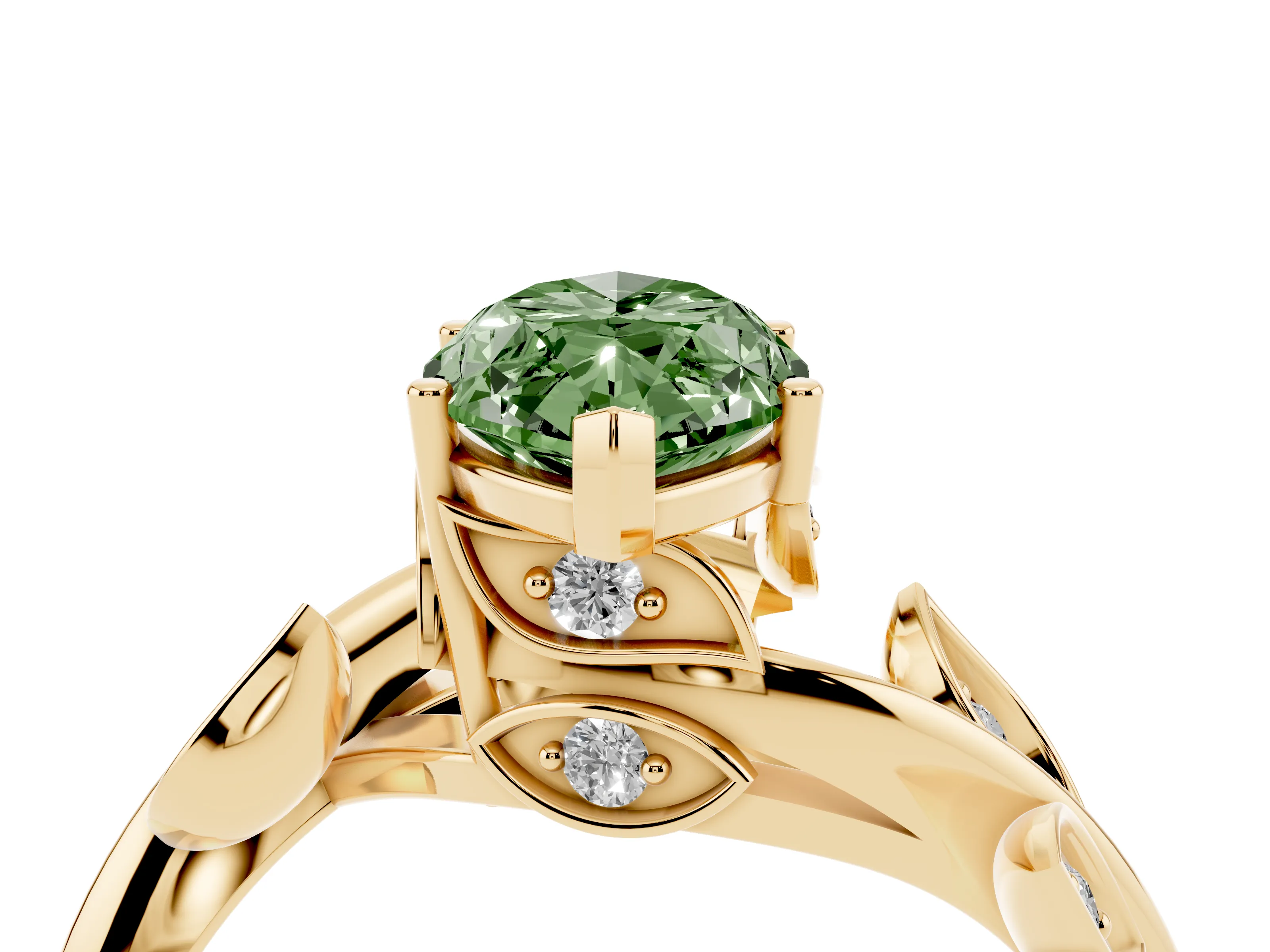 Fancy Green Marquise Cut Diamond Solitaire Twist Engagement Ring Set in Yellow gold with Pavé Leaf Accents