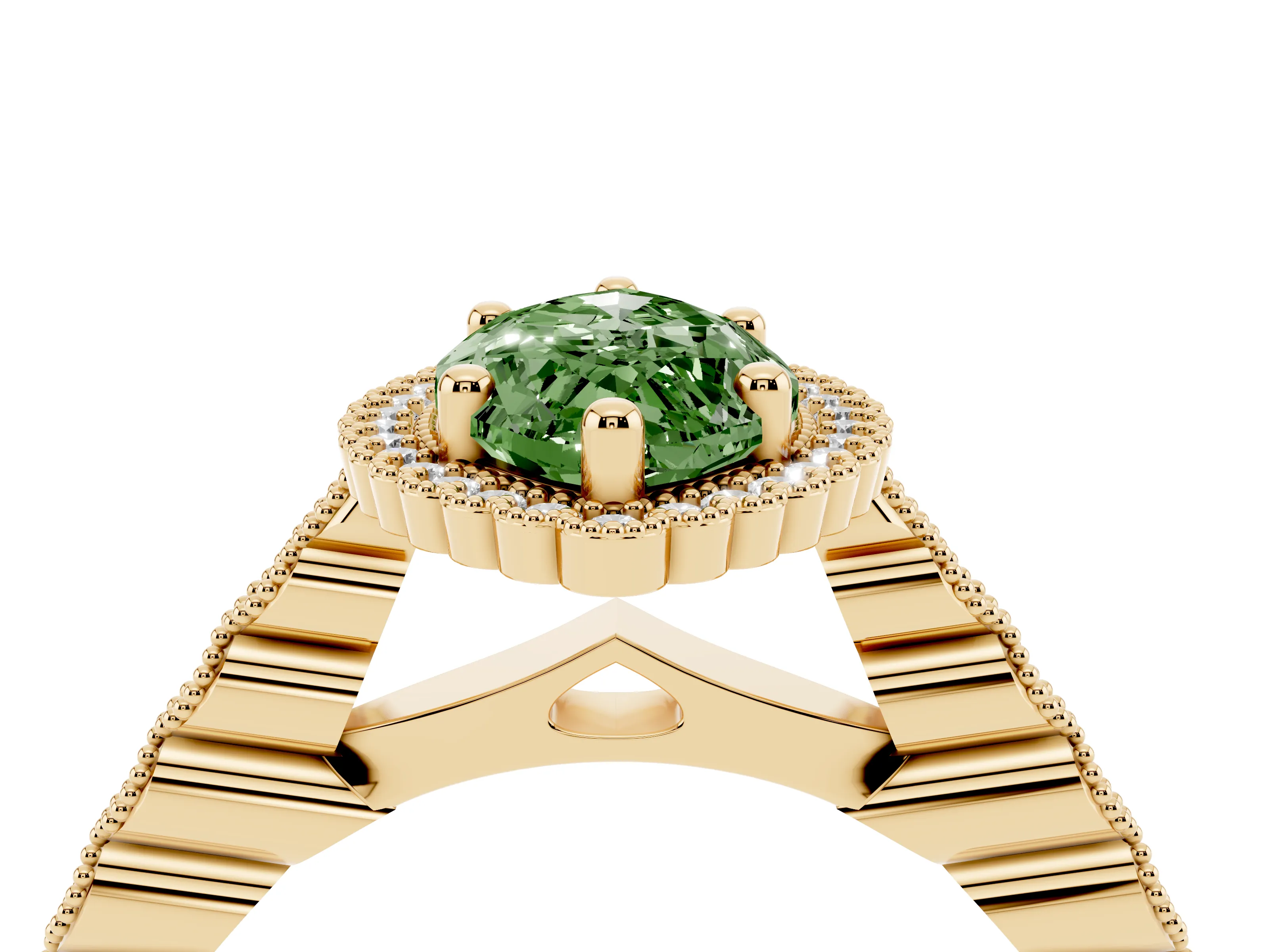 Fancy Green Marquise Cut Diamond Halo Ring Set in Yellow gold with Pavé Milgrain Band