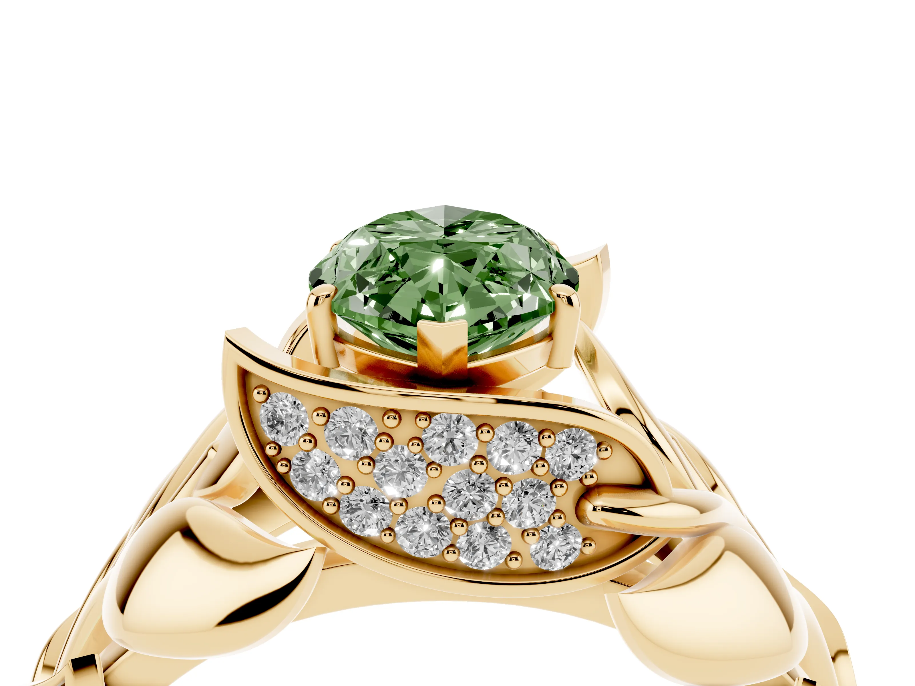 Fancy Green Marquise Cut Diamond Leaf-Inspired Engagement Ring Set in Yellow gold with Round Accents
