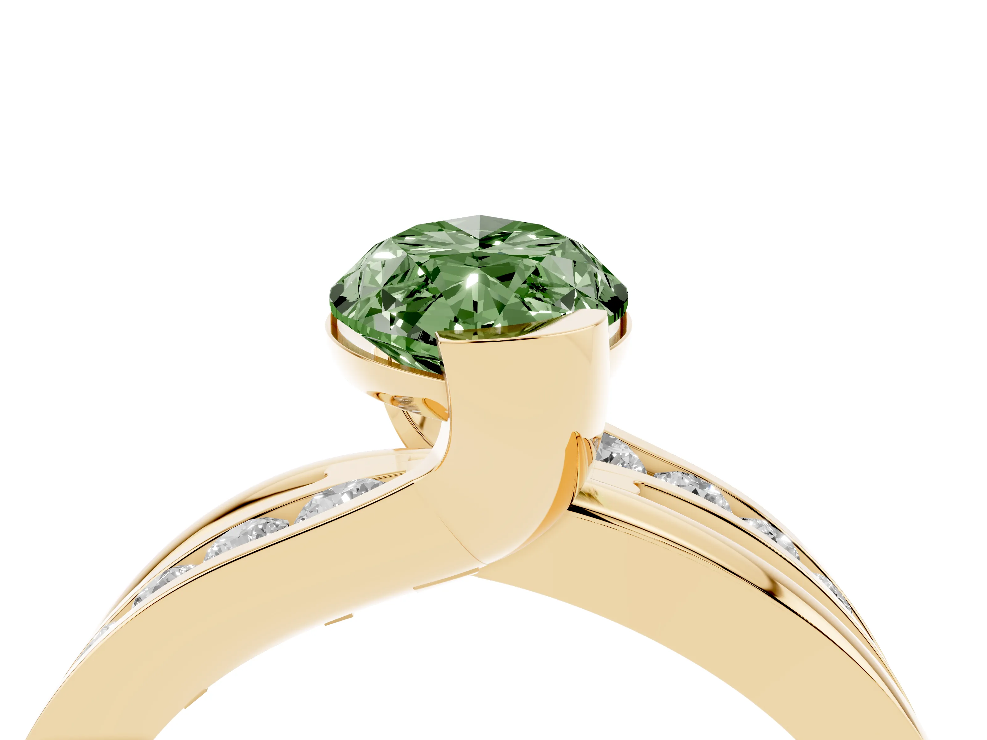 Fancy Green Marquise Cut Diamond Solitaire Ring Set in Yellow gold with Channel Set Split Shank and Tension Prongs