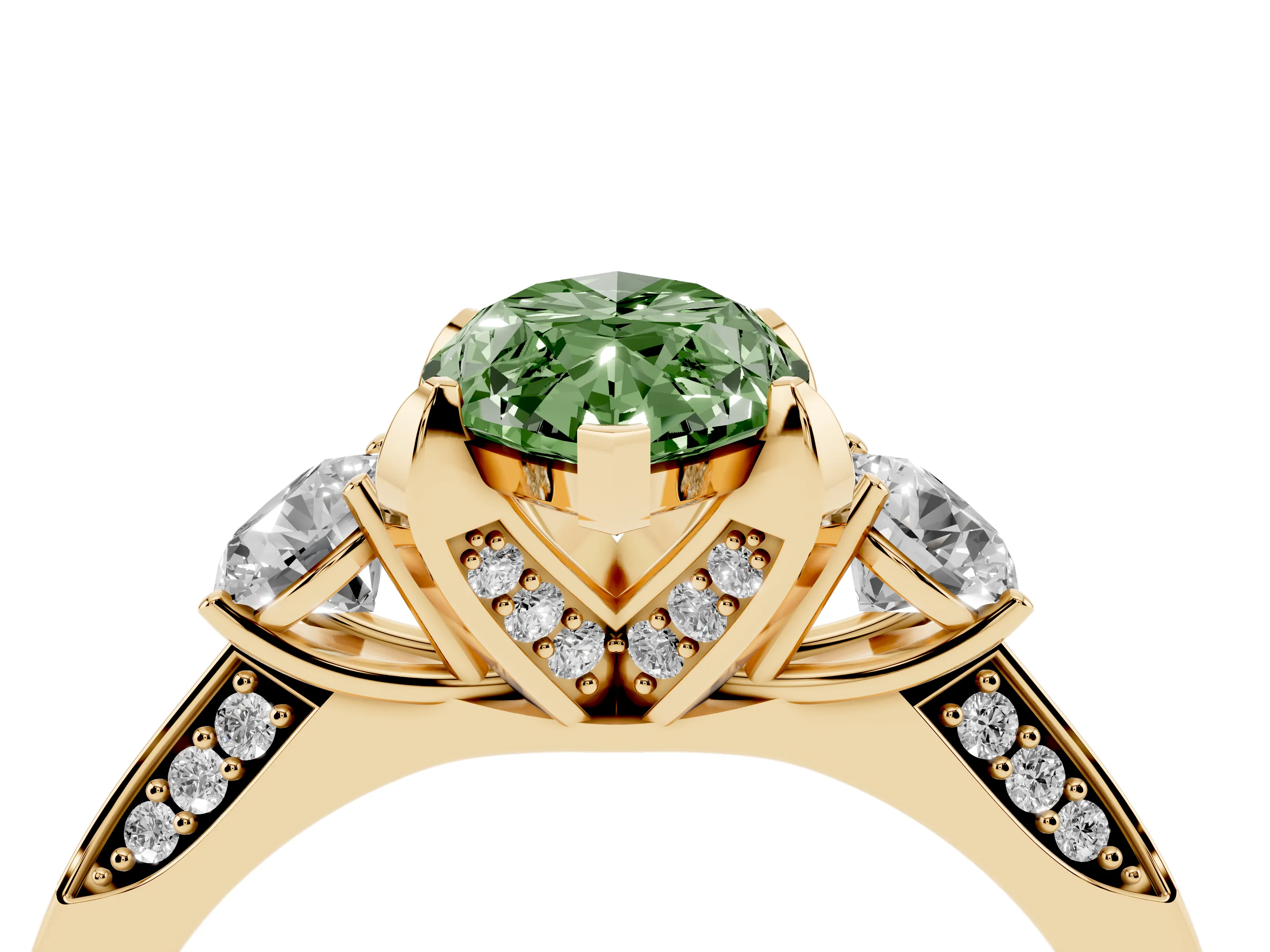 Fancy Green Marquise Cut Diamond Three-Stone Ring Set in Yellow gold with Pavé Band and Smaller Side Stones