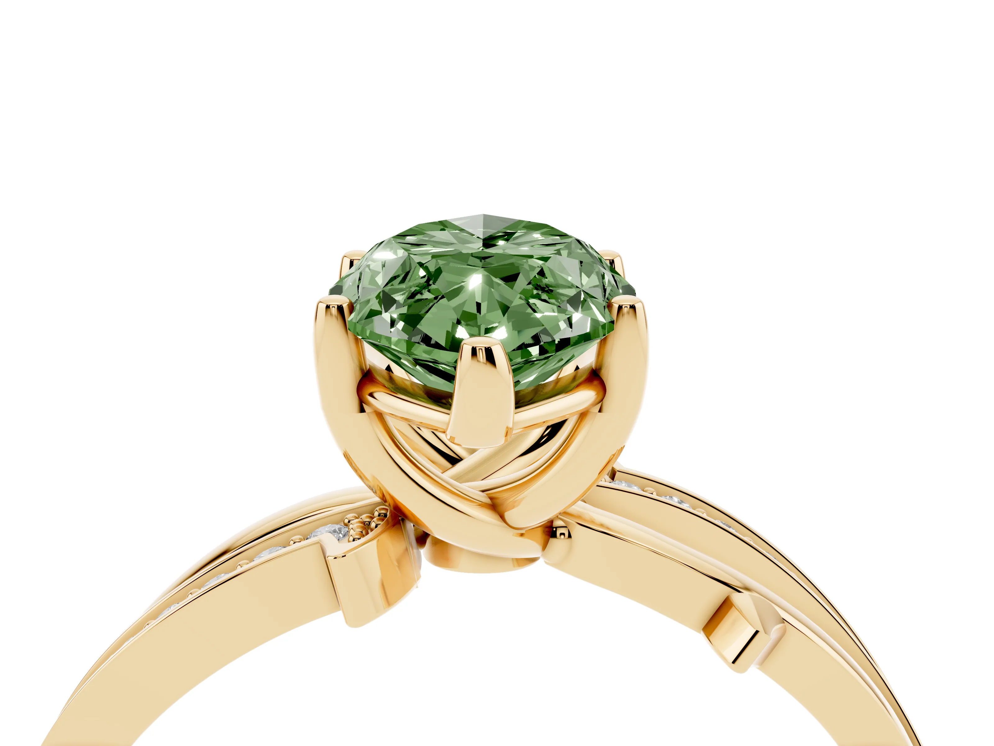 Fancy Green Marquise Cut Diamond Pavé Twist Band Solitaire Ring Set in Yellow gold with Prong Setting