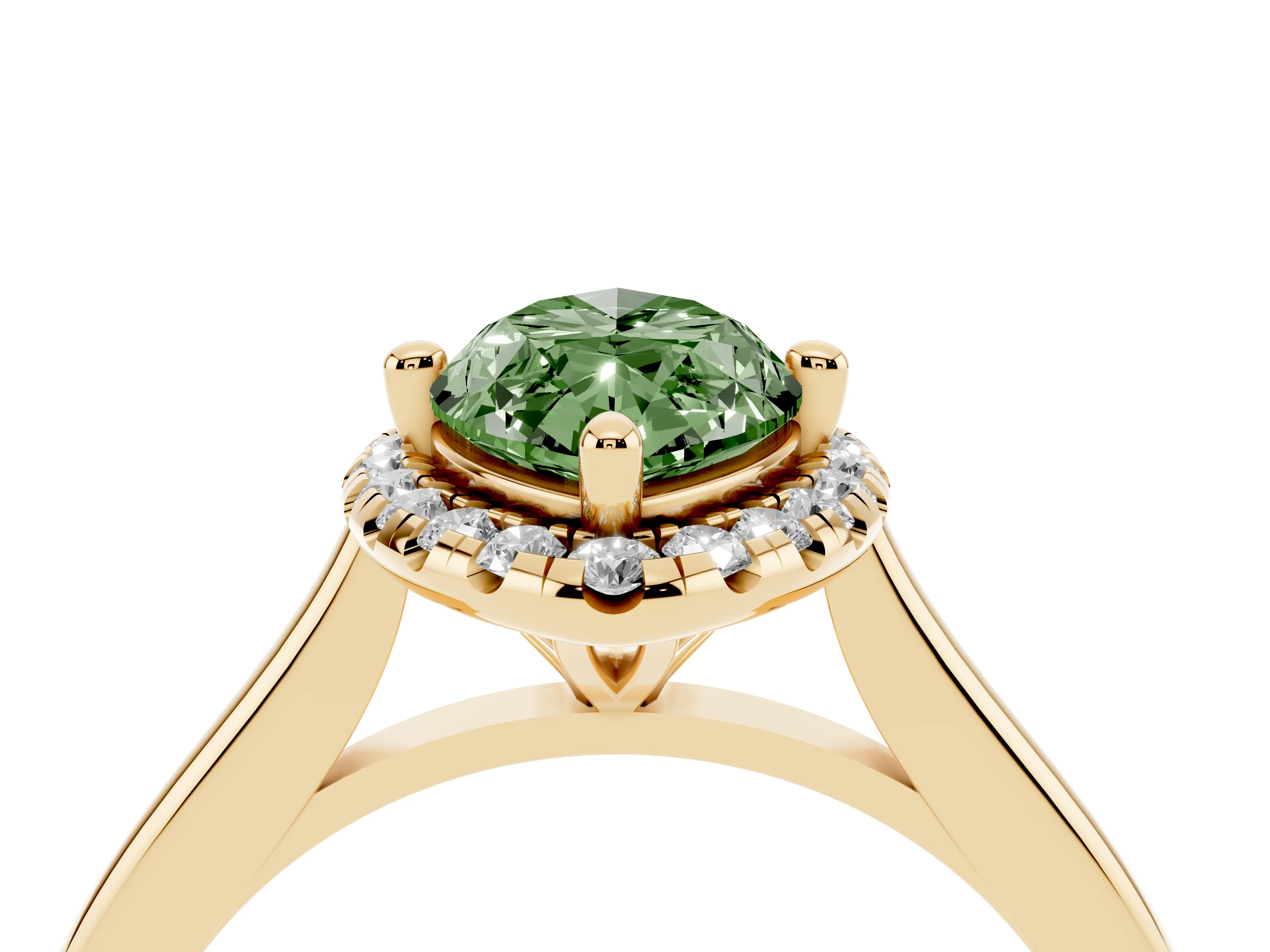 Fancy Green Marquise Cut Diamond Halo Engagement Ring Set in Yellow gold with Pavé Band and Rising Shoulders