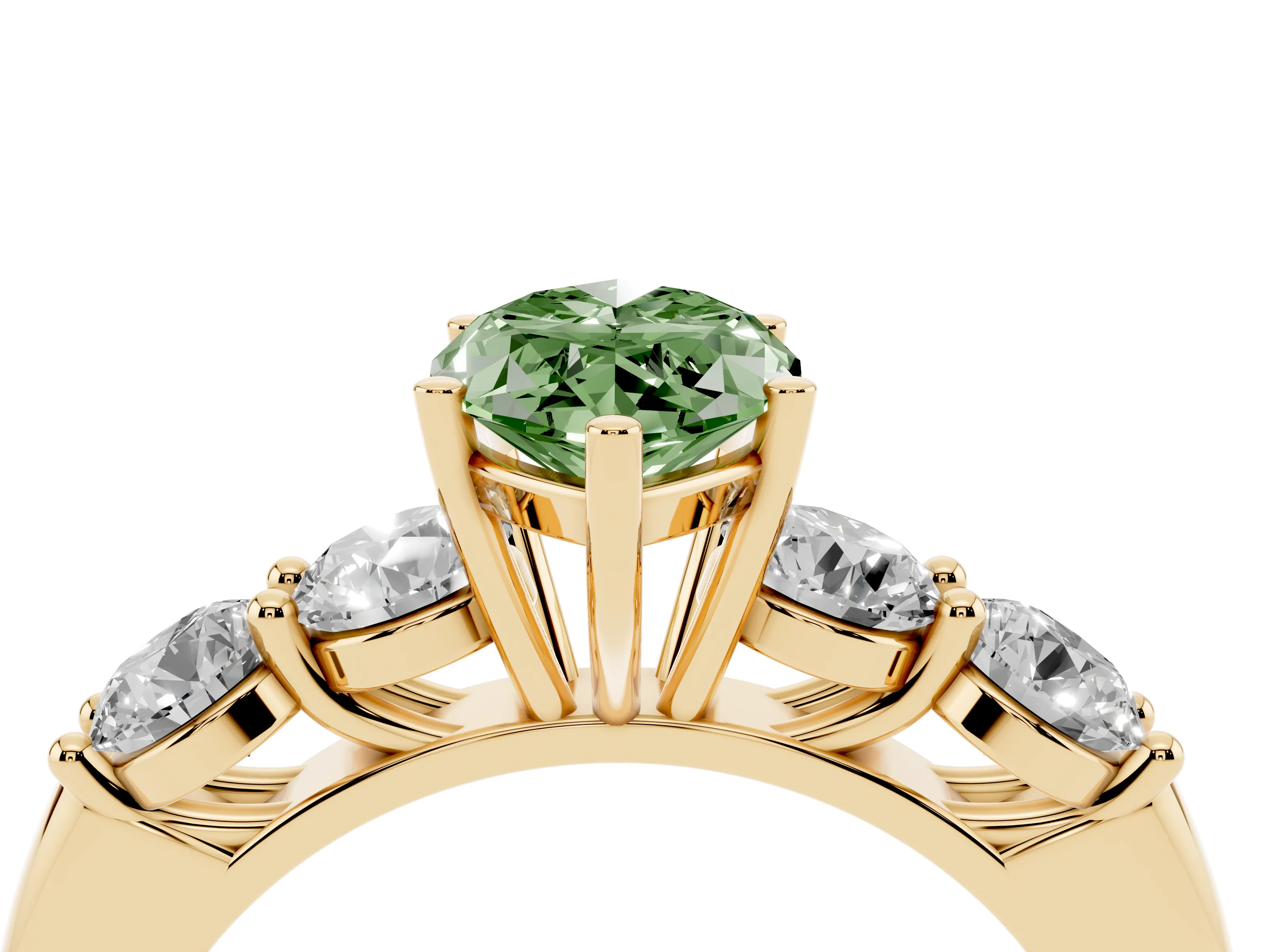 Fancy Green Marquise Cut Diamond Five-Stone Prong Set Ring Set in Yellow gold with Classic Band