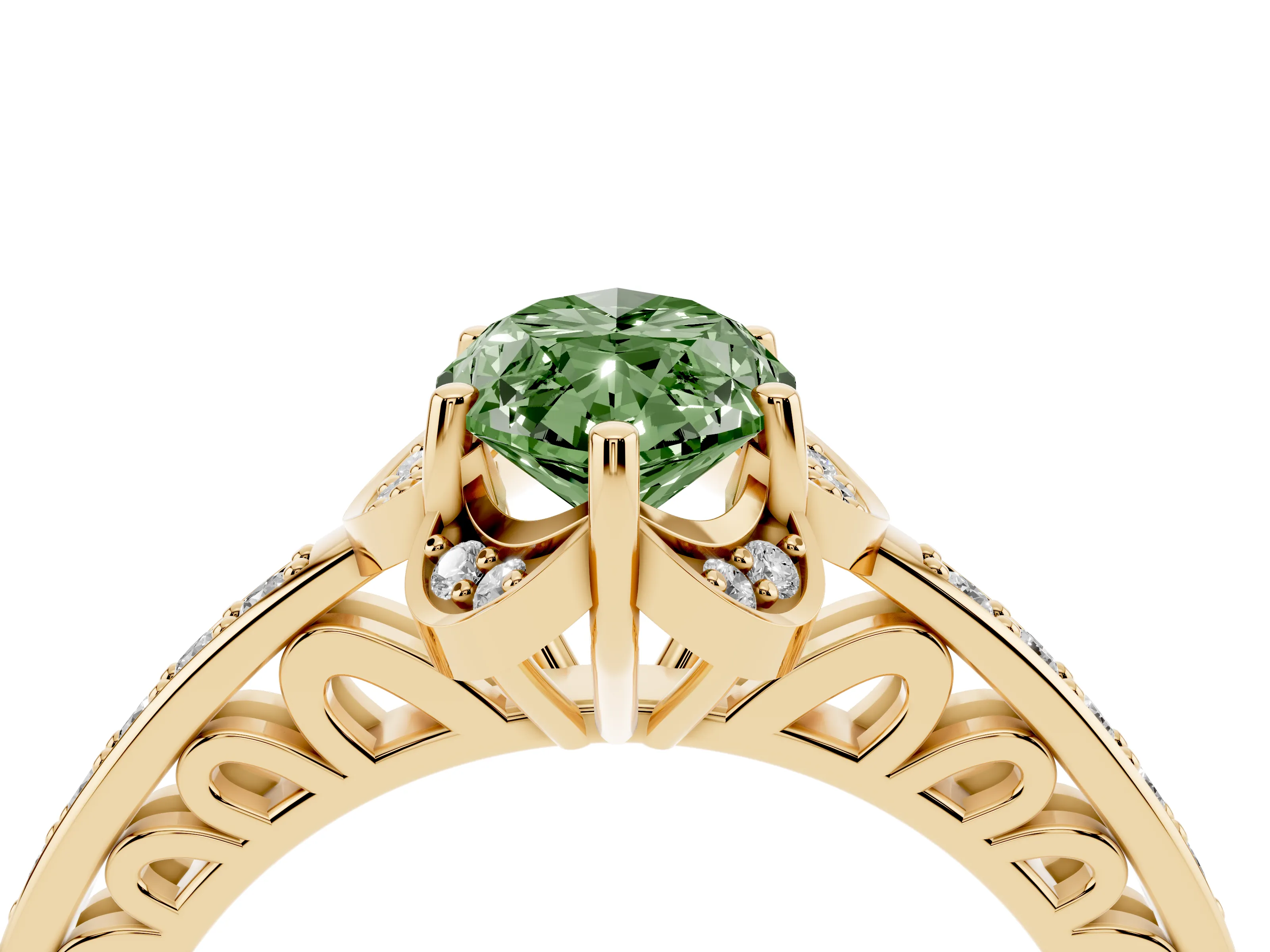 Fancy Green Marquise Cut Diamond Halo Ring Set in Yellow gold with Channel Set Band and Prong Setting