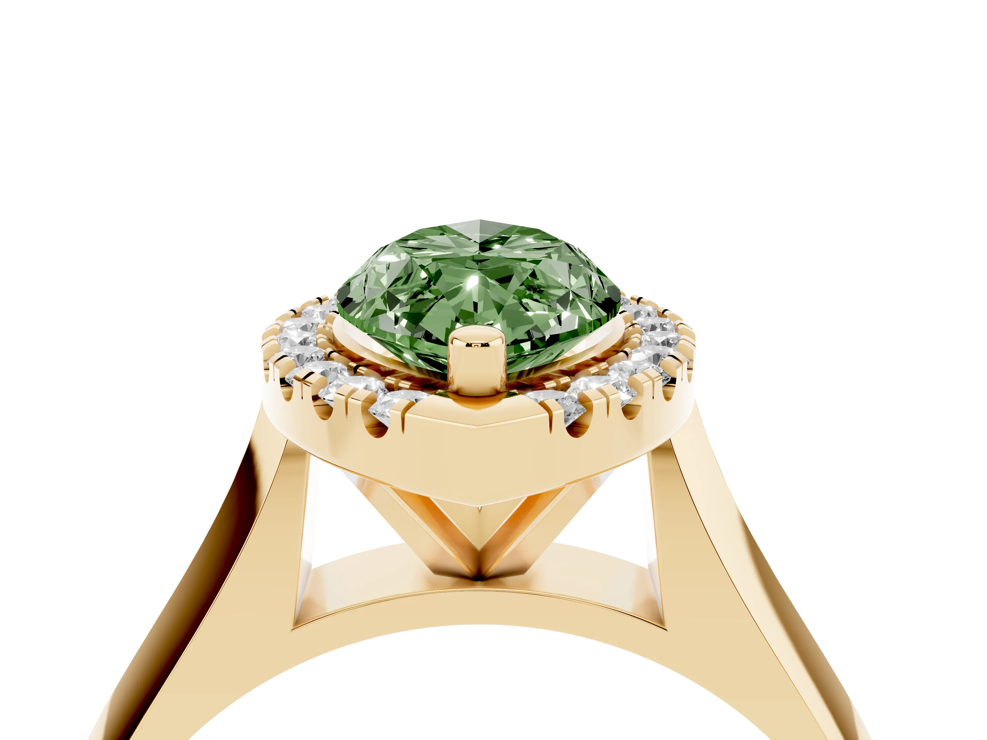 Fancy Green Marquise Cut Diamond Halo Solitaire Engagement Ring Set in Yellow gold with Square Band and Prong Setting