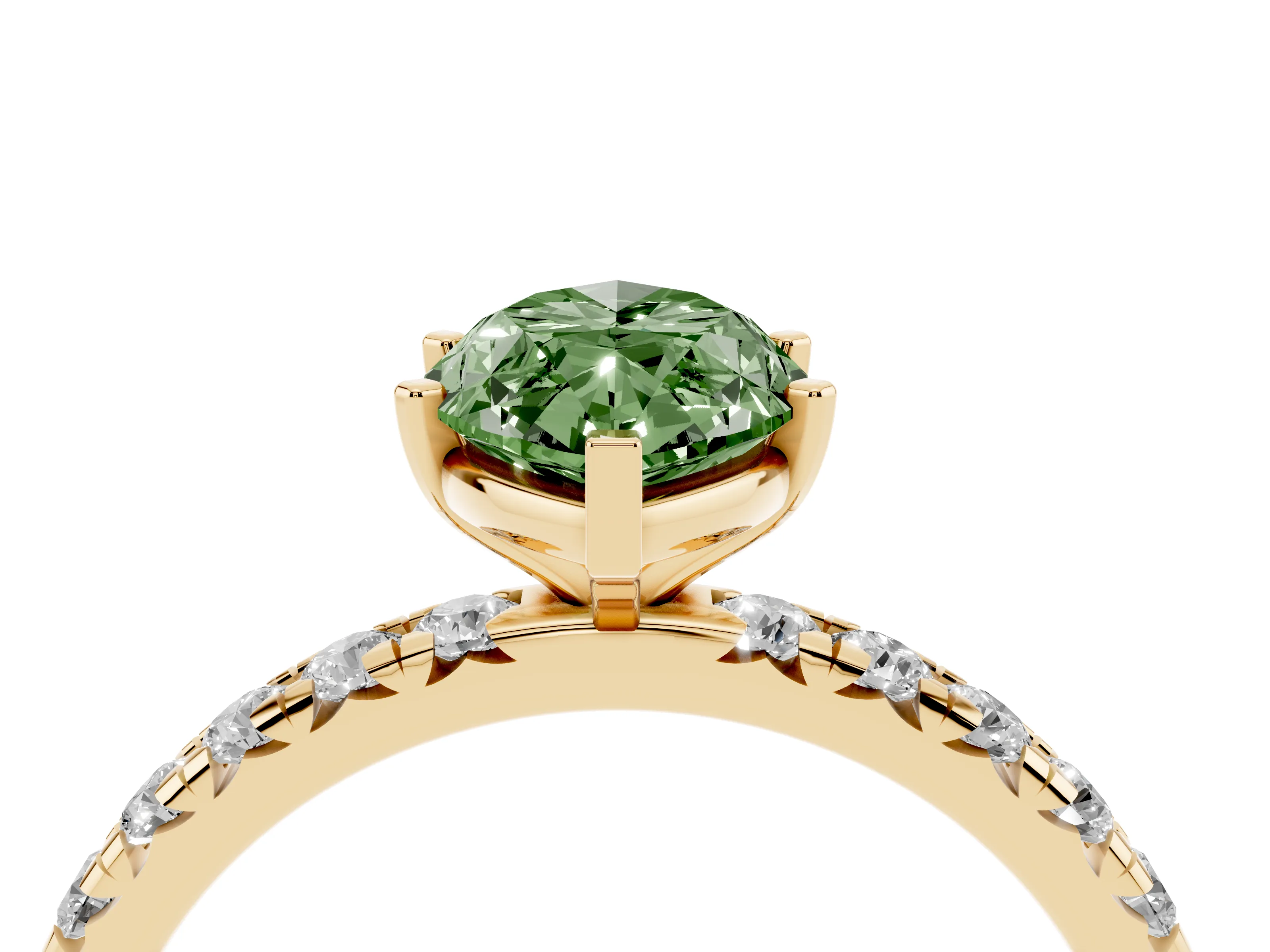 Fancy Green Marquise Cut Diamond Pavé Solitaire Ring Set in Yellow gold with Round Band and Prong Setting