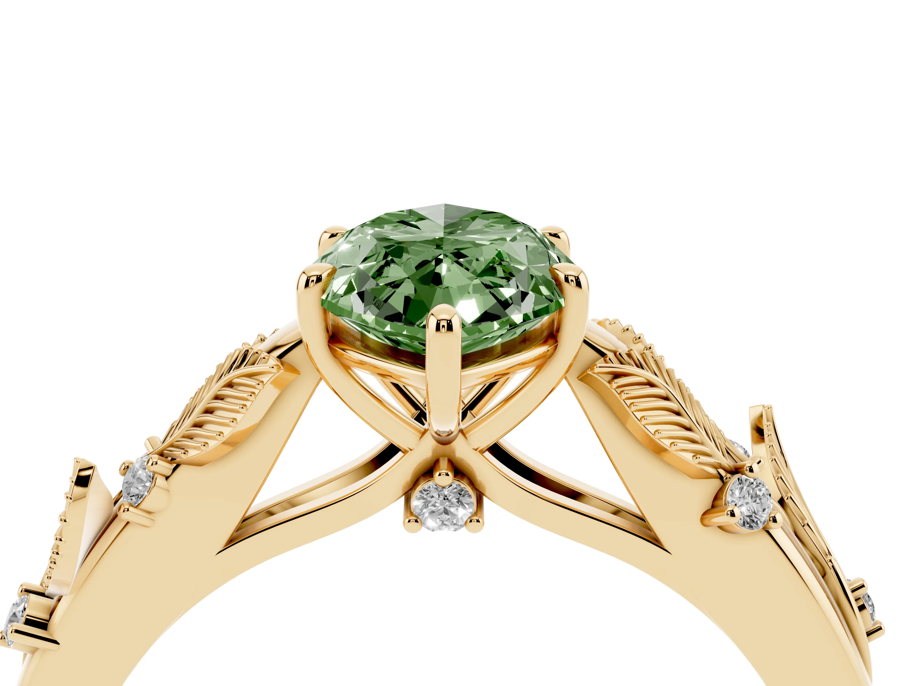 Fancy Green Marquise Cut Diamond Solitaire Ring Set in Yellow gold with Leaf Motif Band