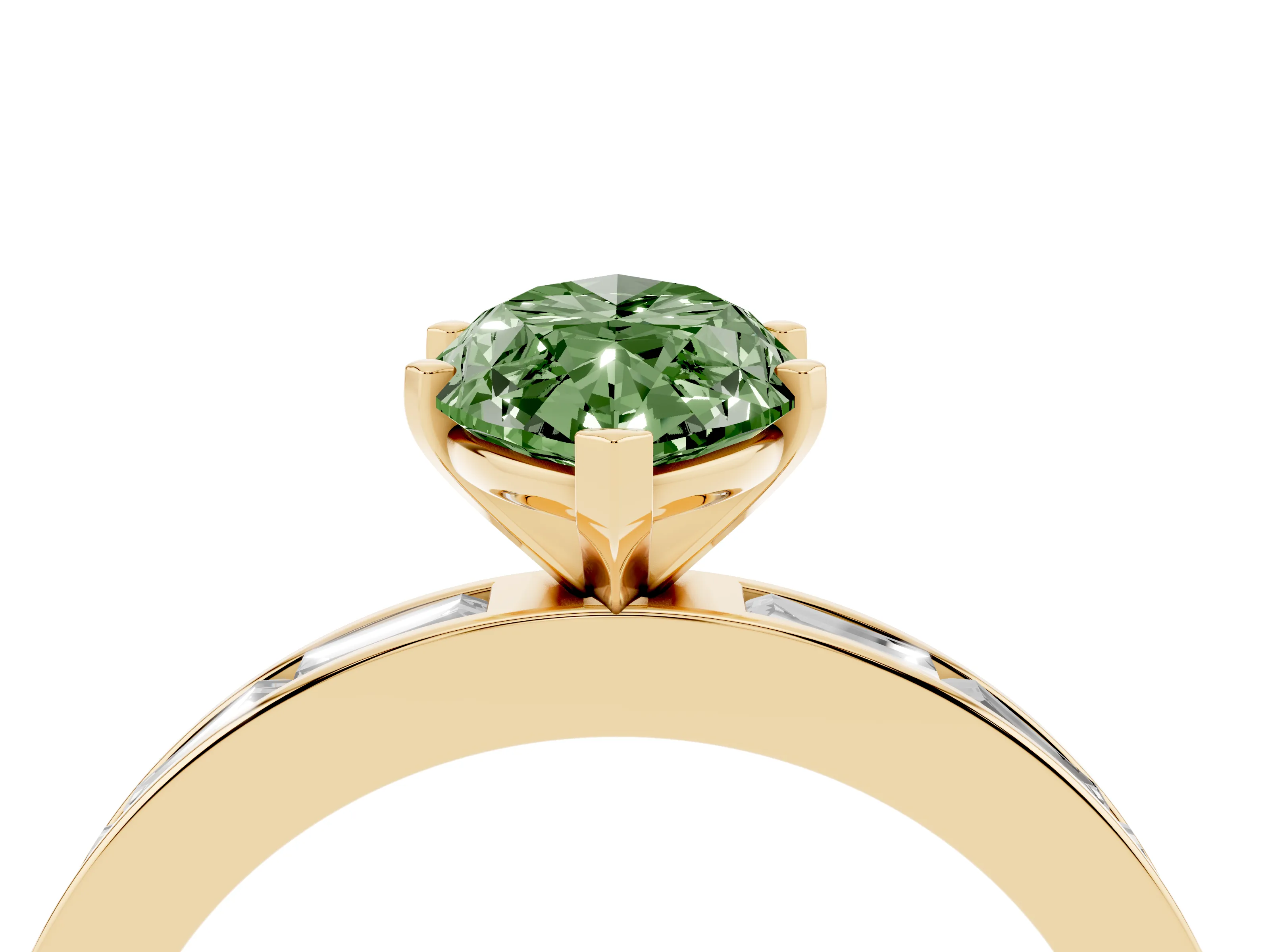 Fancy Green Marquise Cut Diamond Solitaire Ring Set in Yellow gold with Channel-Set Baguette Band and Prong Setting