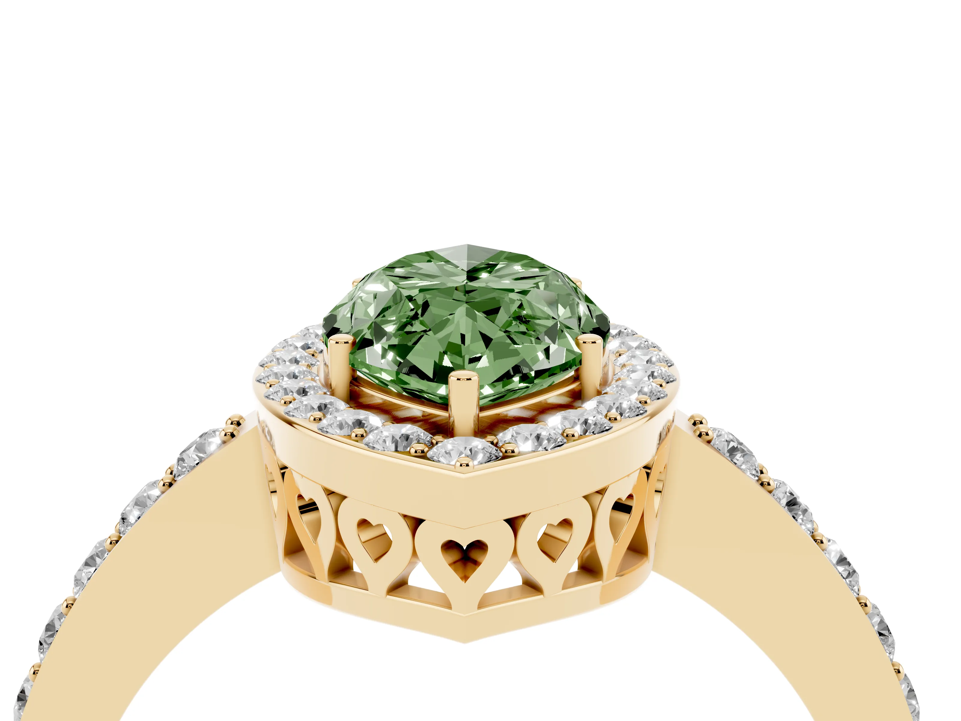 Fancy Green Marquise Cut Diamond Halo Ring Set in Yellow gold with Pavé-Setting Band and Open Prong Center