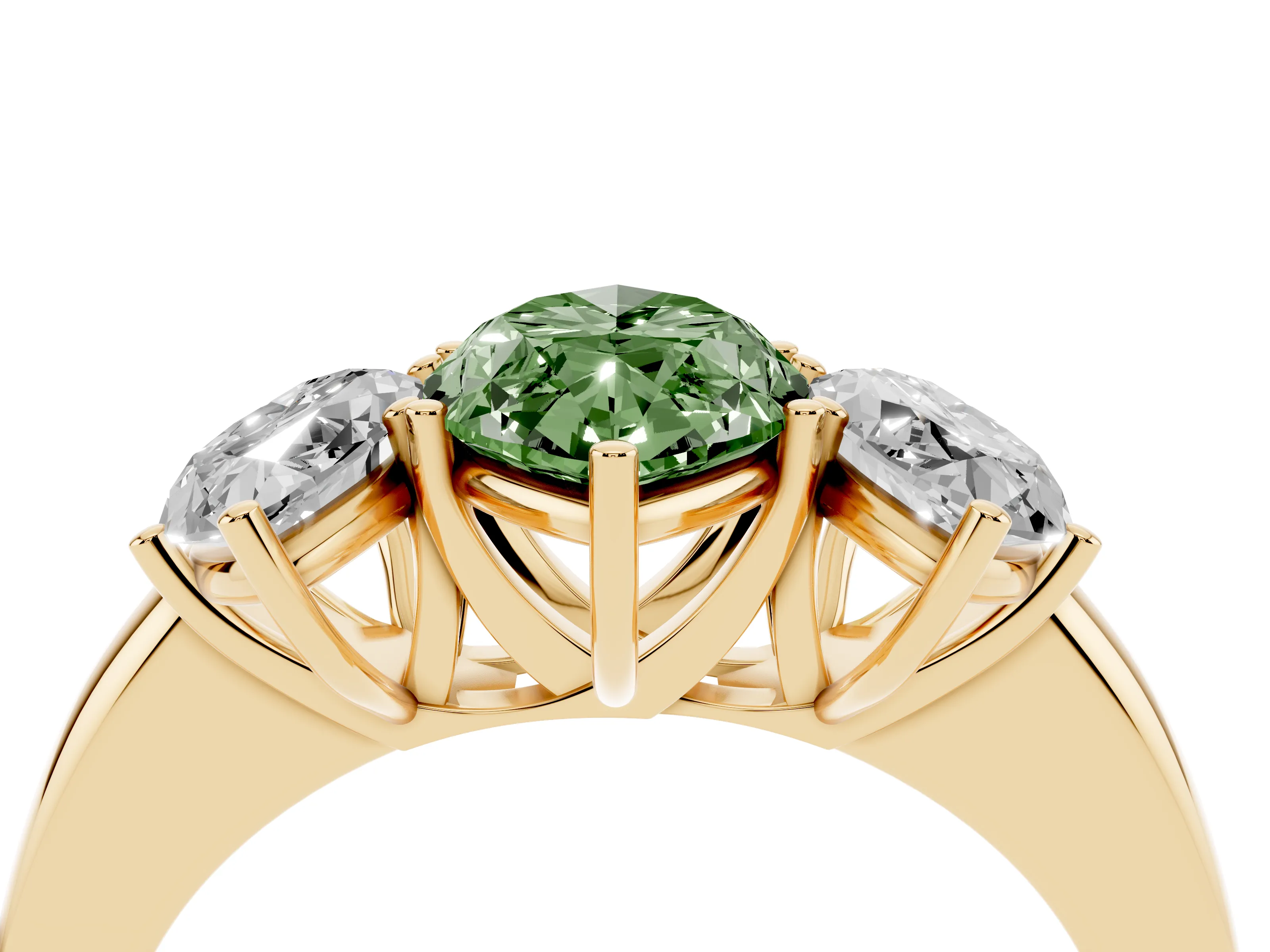 Fancy Green Marquise Cut Diamond Three-Stone Ring Set in Yellow gold with Bold Center and Classic Band